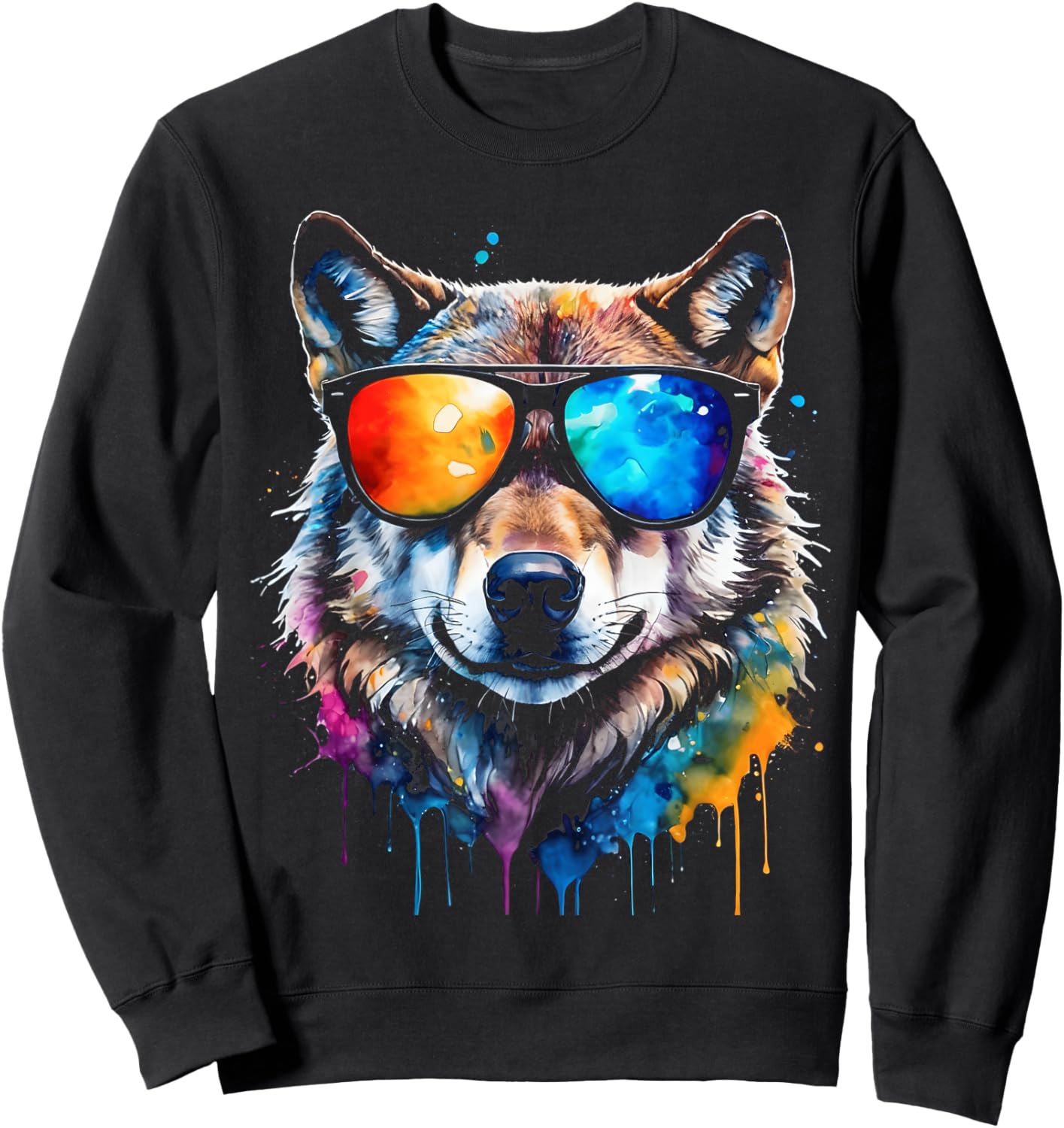 Wolf Sunglasses Colourful Animal Print Design , black Sweatshirt - Sweatshirt | Black