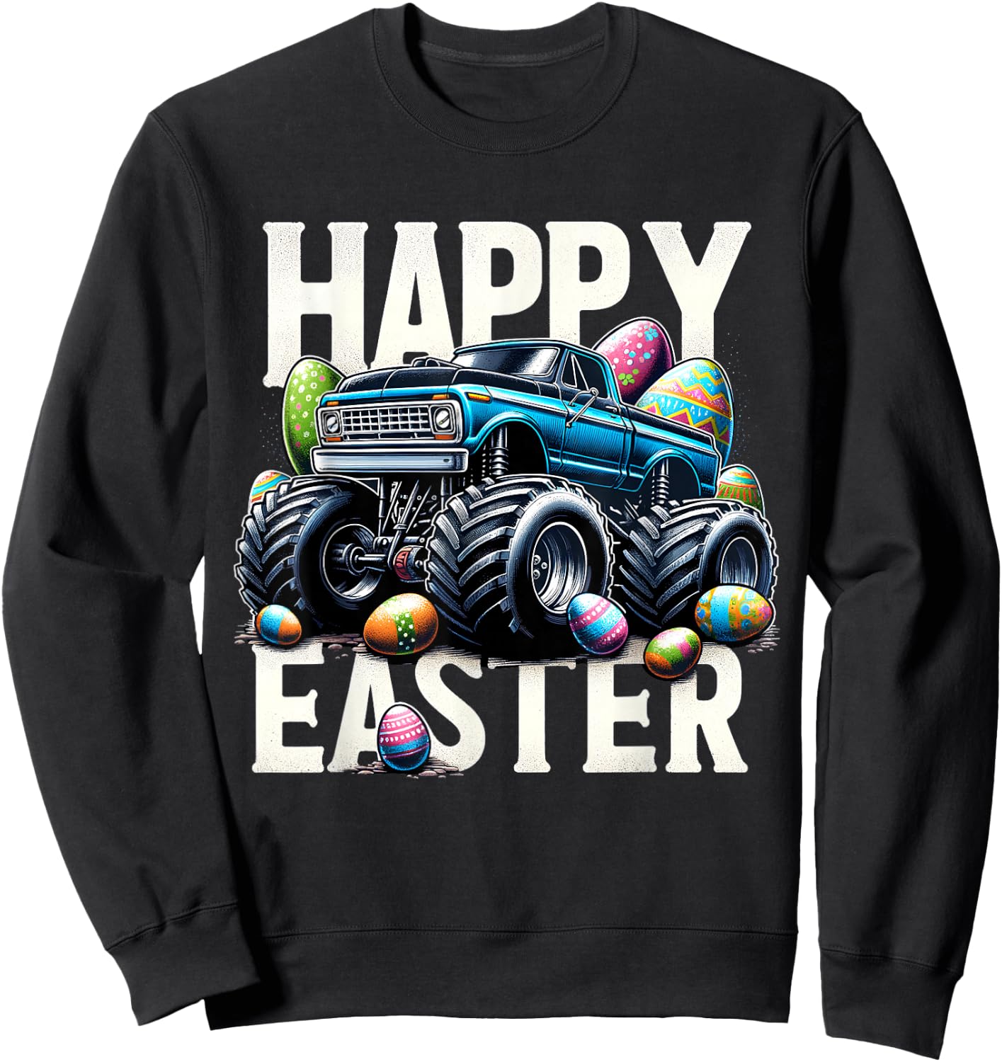 Boys Happy Easter Monster Truck Easter Eggs Hunt Toddler Kid Sweatshirt - Sweatshirt | Black