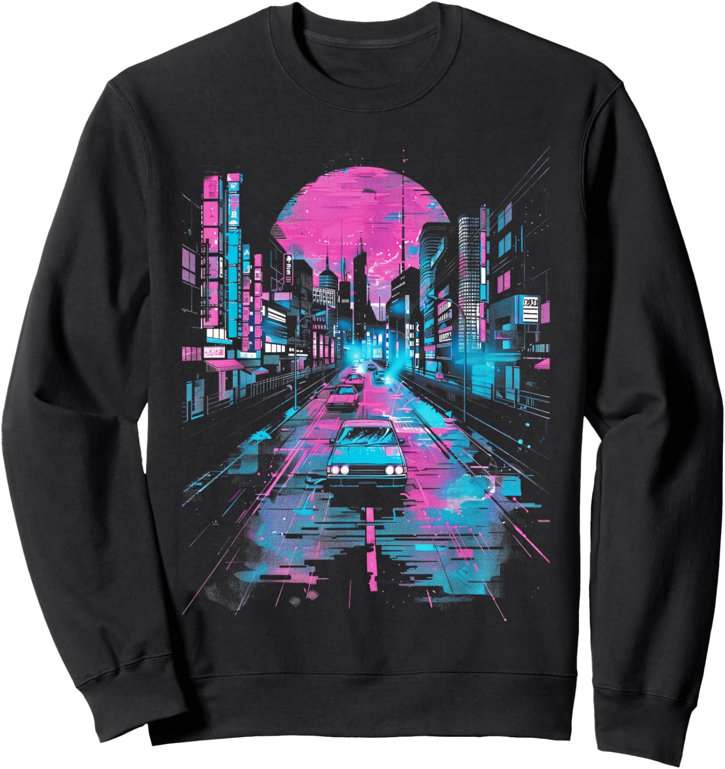 Vaporwave Tokyo Lofi Abstract City Lights Sweatshirt - Sweatshirt | Black