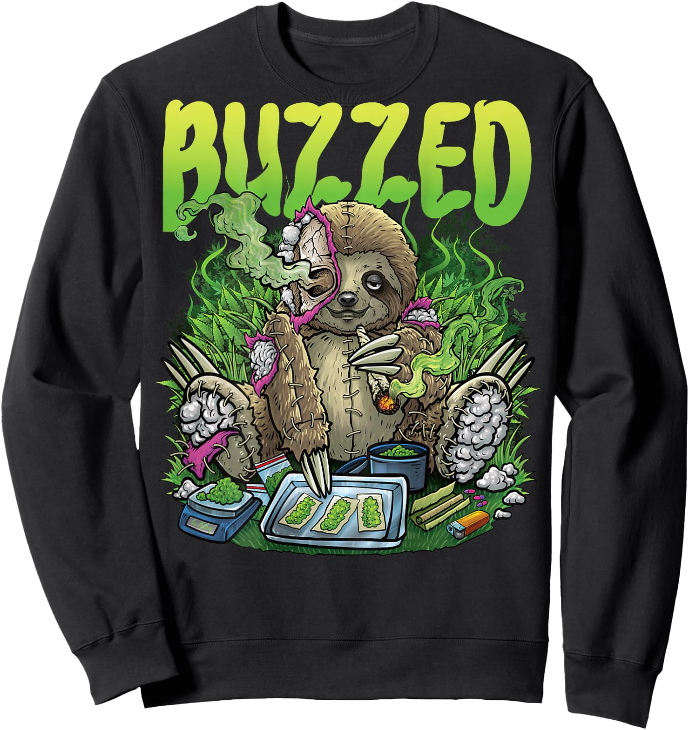Weed Sloth Smoking Stoner Rave House Techno Outfit BACKPRINT Sweatshirt - Sweatshirt | Black