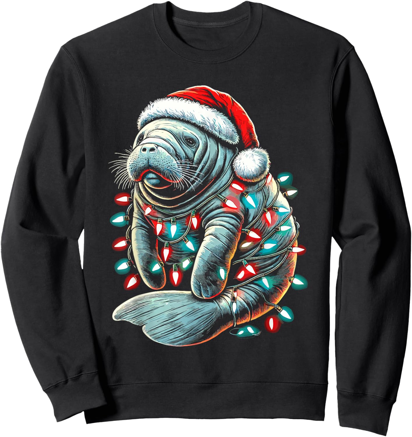 Manatee Santa Hat Christmas Lights Pajama Funny Xmas Sweatshirt - Sweatshirt | Black