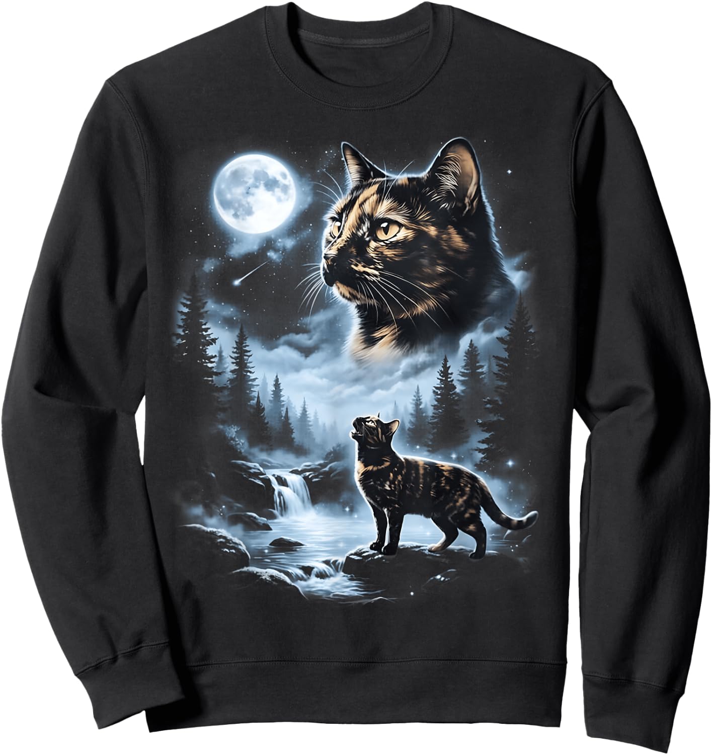 Tortoiseshell Cat Howling at Moon 90's Retro Cat Lover Sweatshirt - Sweatshirt | Black