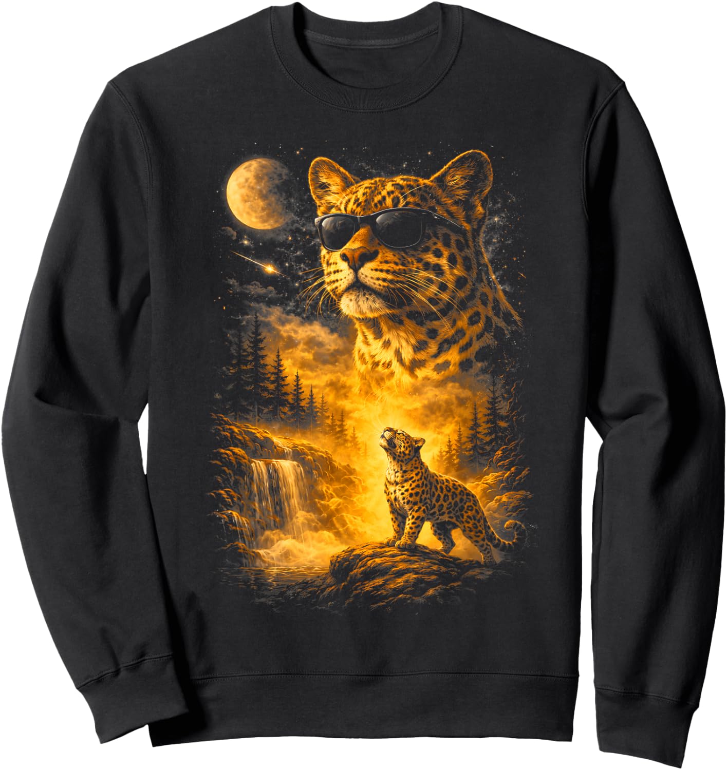 Cheetah Howling to The Moon Meme 90s Animal Print Graphic Sweatshirt - Sweatshirt | Black