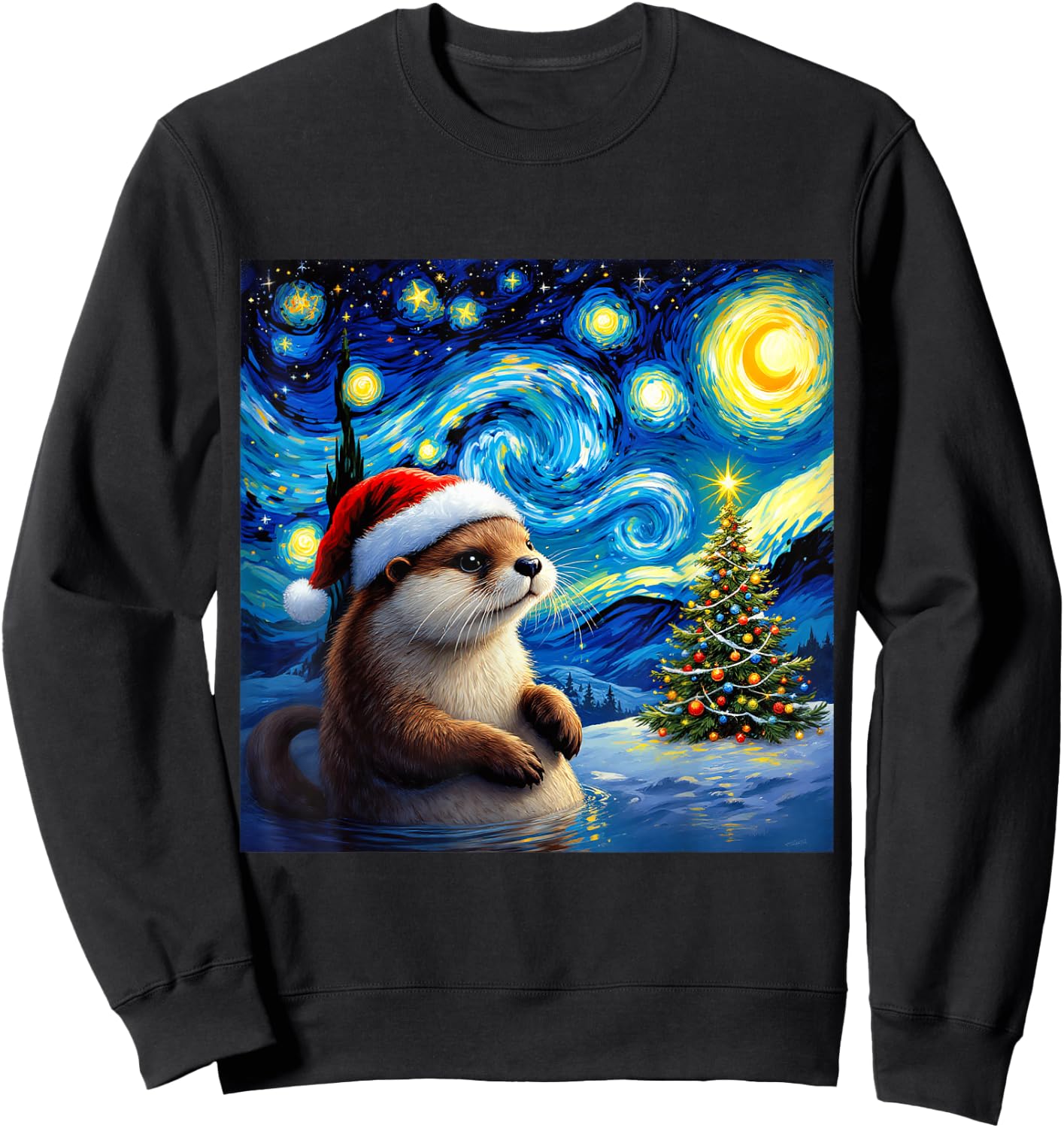 Christmas Otter Santa Hat Van Gogh Starry Night Holiday Sweatshirt - Sweatshirt | Black