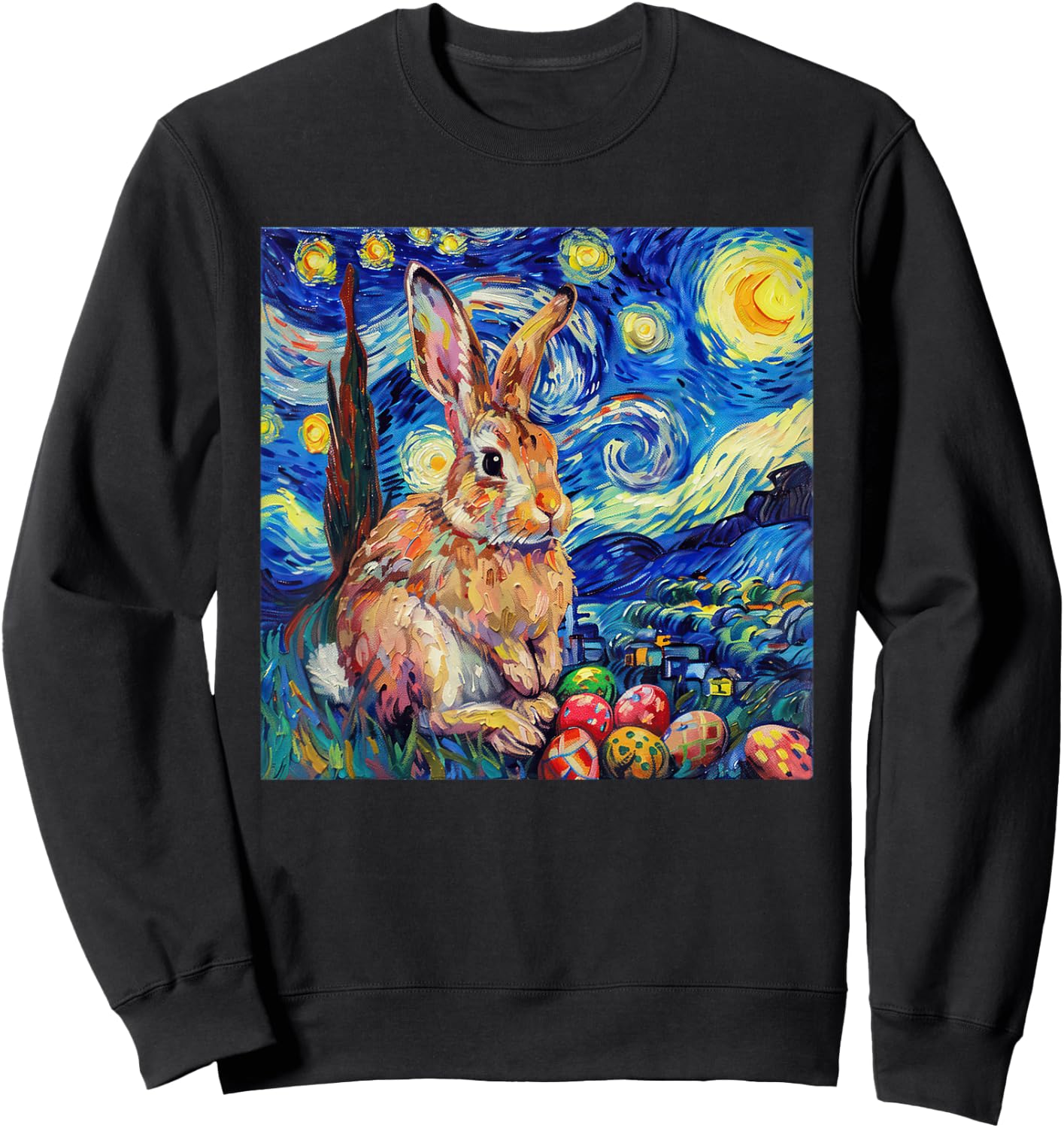Easter Bunny Happy Easter Eggs Van Gogh Starry Night Sweatshirt - Sweatshirt | Black