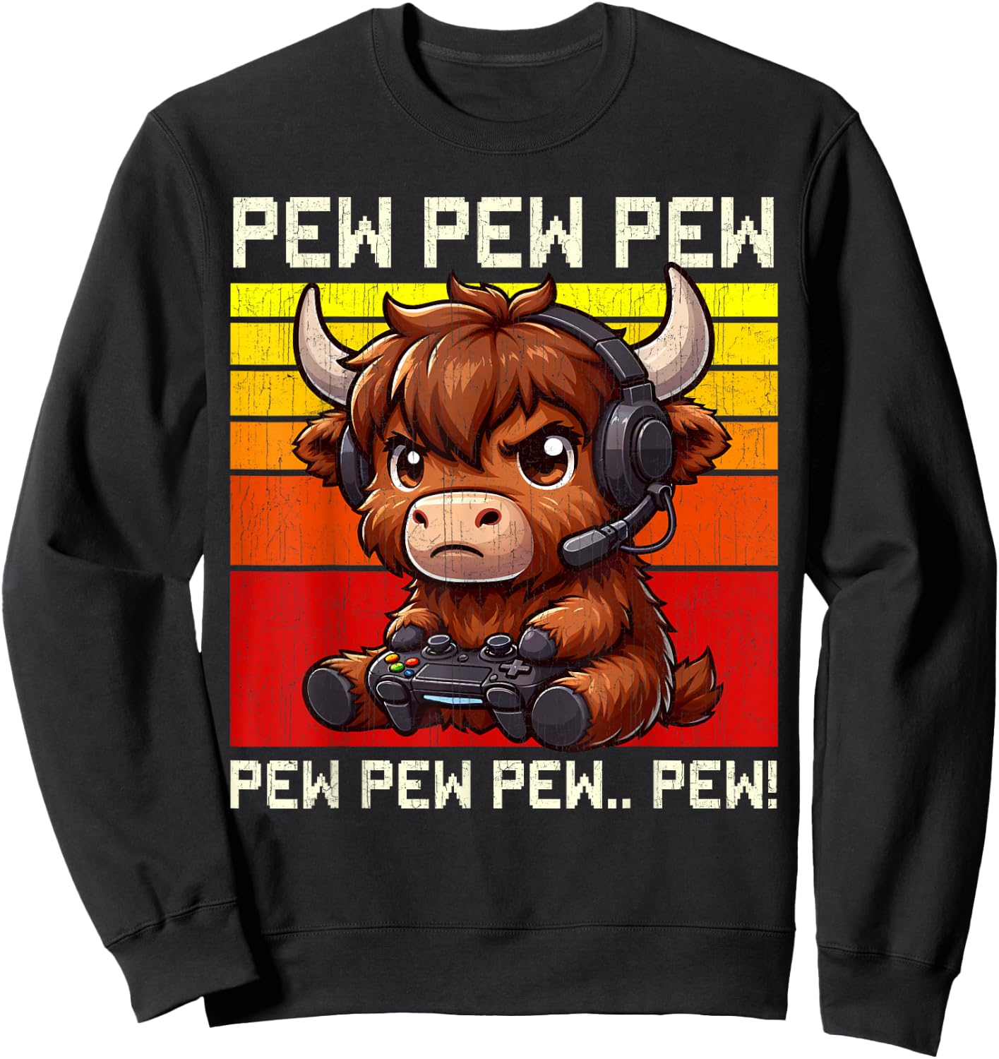 Highland Cow Gamer Pew Funny Video Games Vintage Boys Men Sweatshirt - Sweatshirt | Black