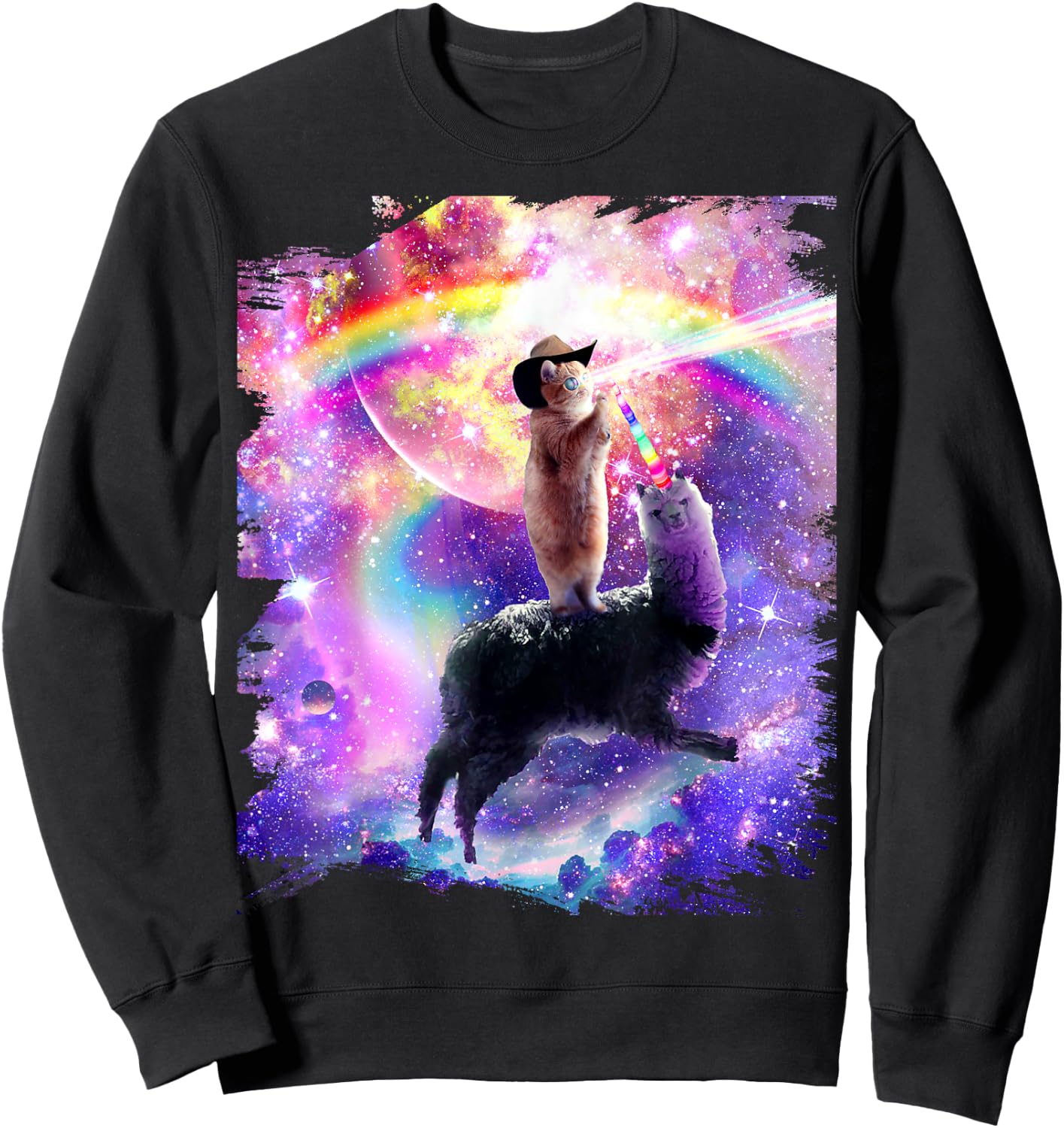 Laser Space Cat On Rainbow Galaxy Llama Unicorn Sweatshirt - Sweatshirt | Black