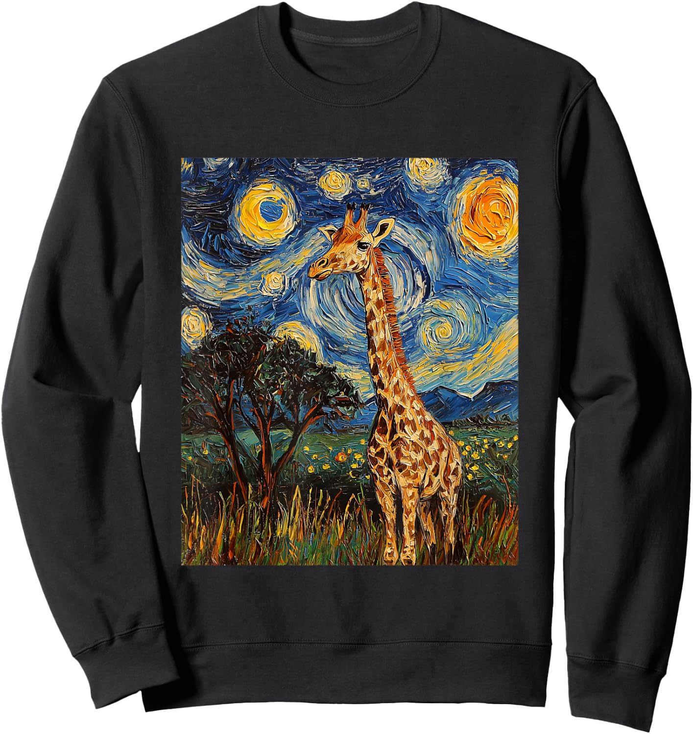 Giraffe Africa Van Gogh Style Starry Night Cute Graphic Sweatshirt - Sweatshirt | Black