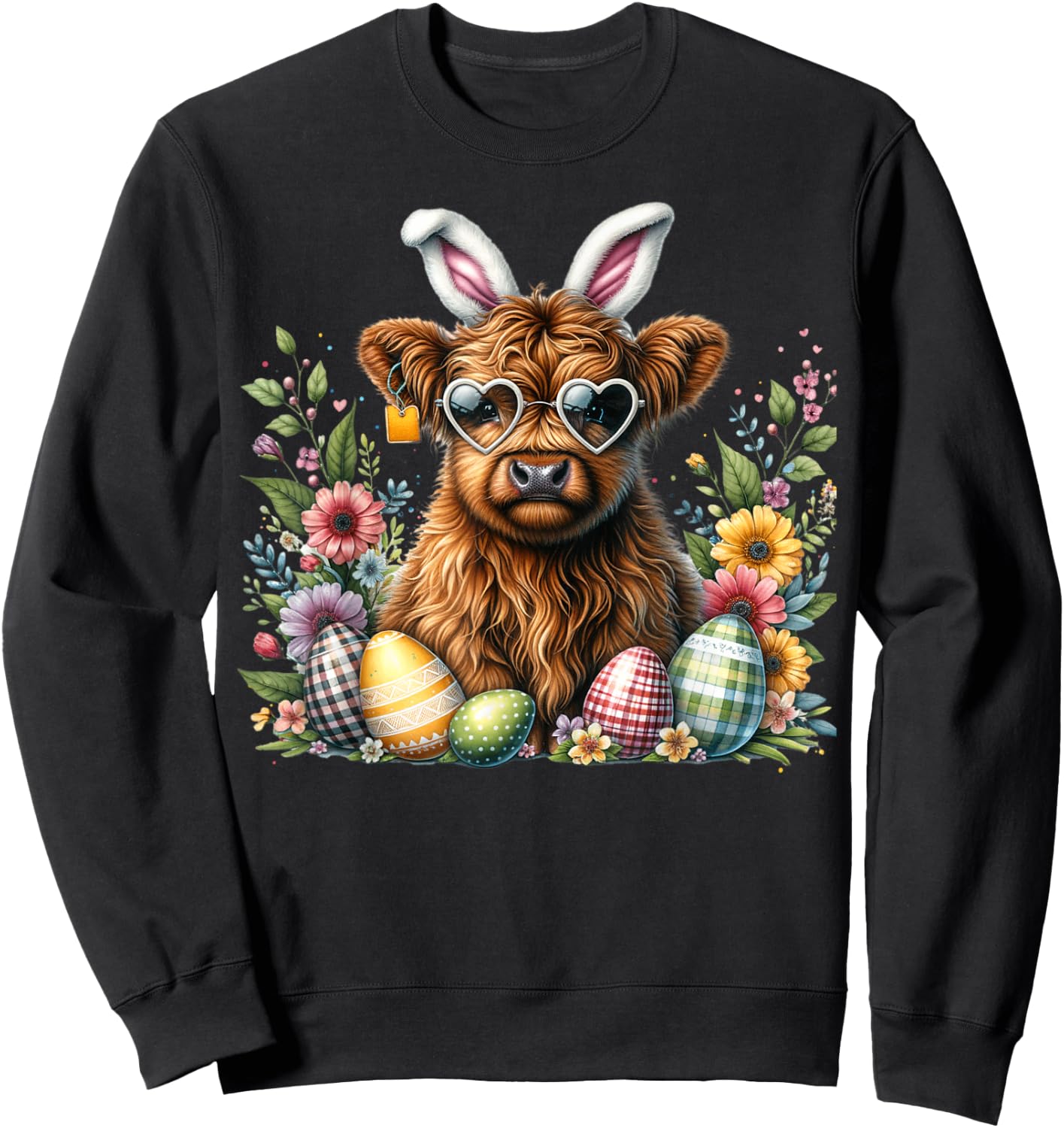 Highland Cow Easter Bunny Moo Basket Egg Hunt Gingham Floral Sweatshirt - Sweatshirt | Black