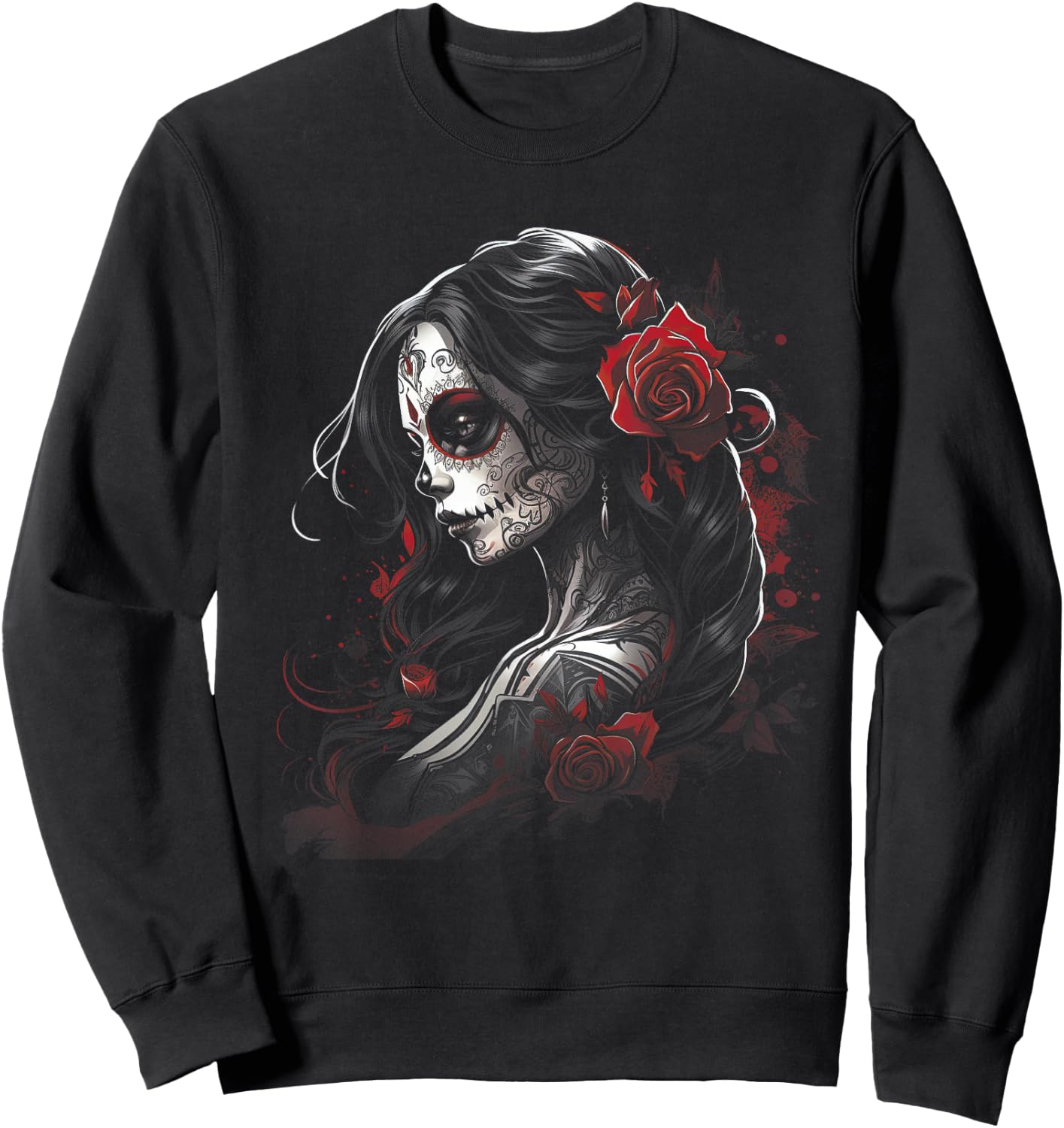 Tag der Toten Zuckerschädel Kunst Rose Mexikanisch Damen , Schwarz, S, Kurzarm, Kunstvolle Designs und klassischer Schnitt Sweatshirt - Sweatshirt | Black