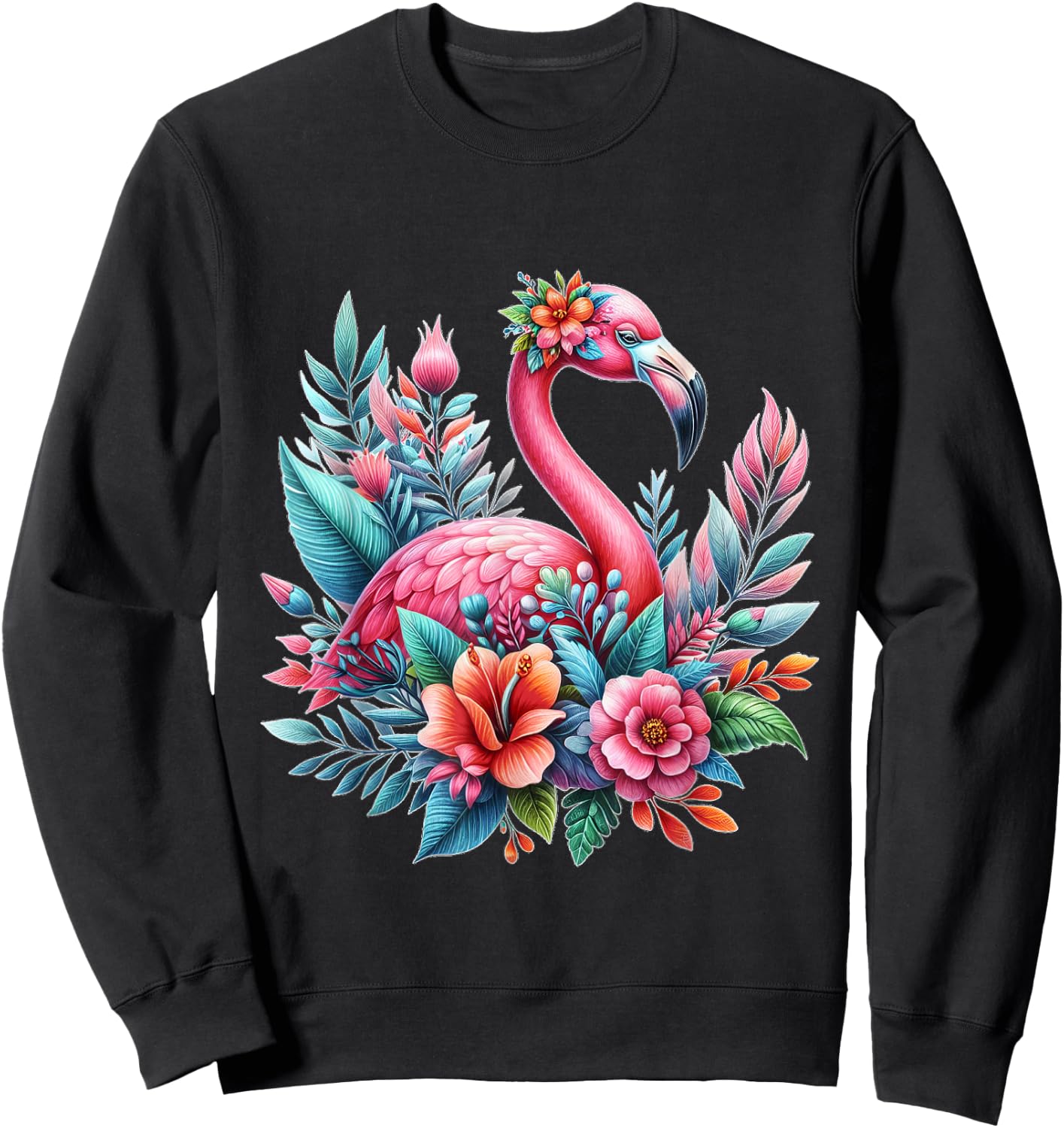 Pink Flamingo Watercolor T shirt Hawaiian Flowers Floral Sweatshirt - Sweatshirt | Black