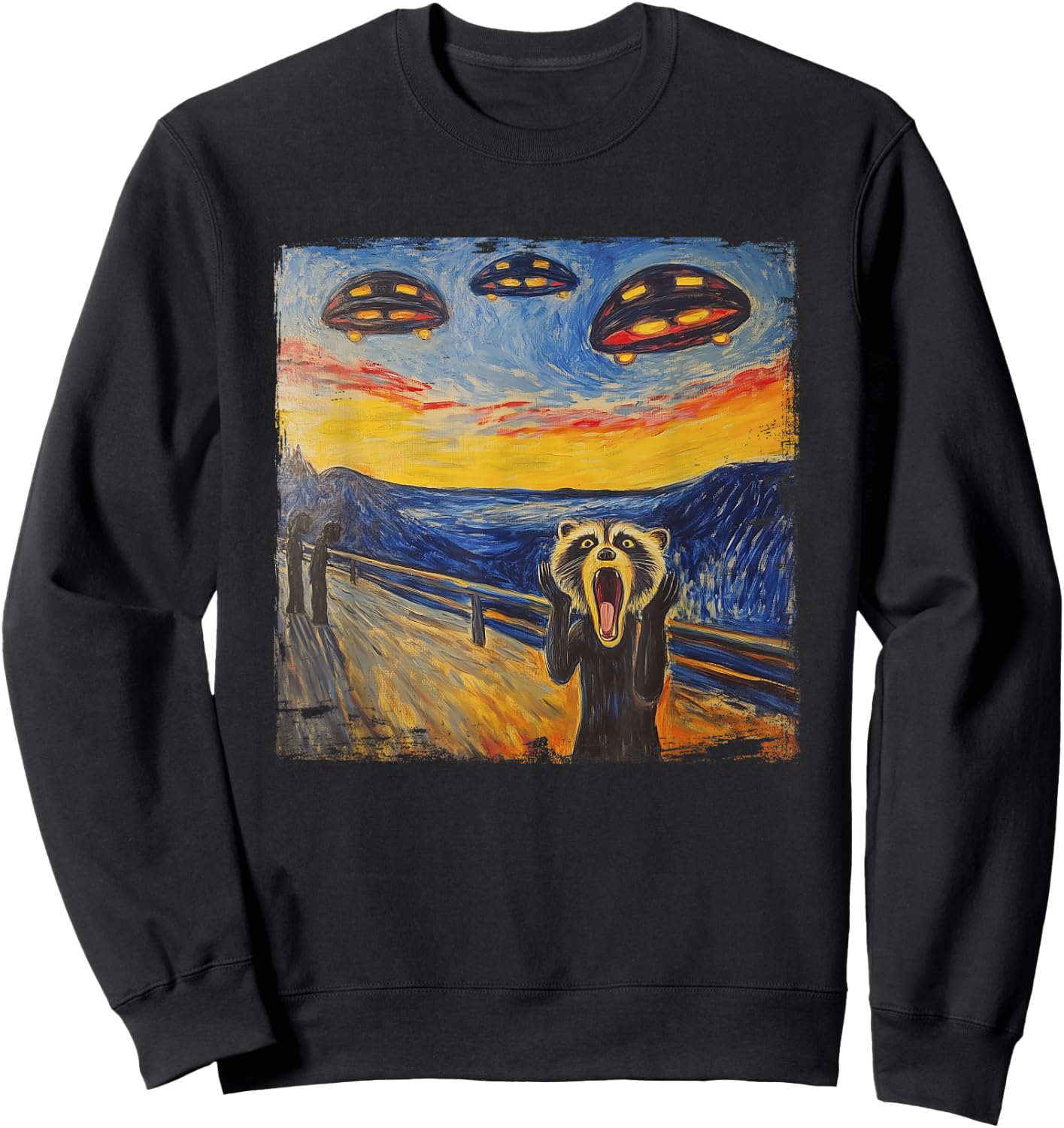 Raccoon Scream UFO Alien Munch Parody Expressionism , black Sweatshirt - Sweatshirt | Black