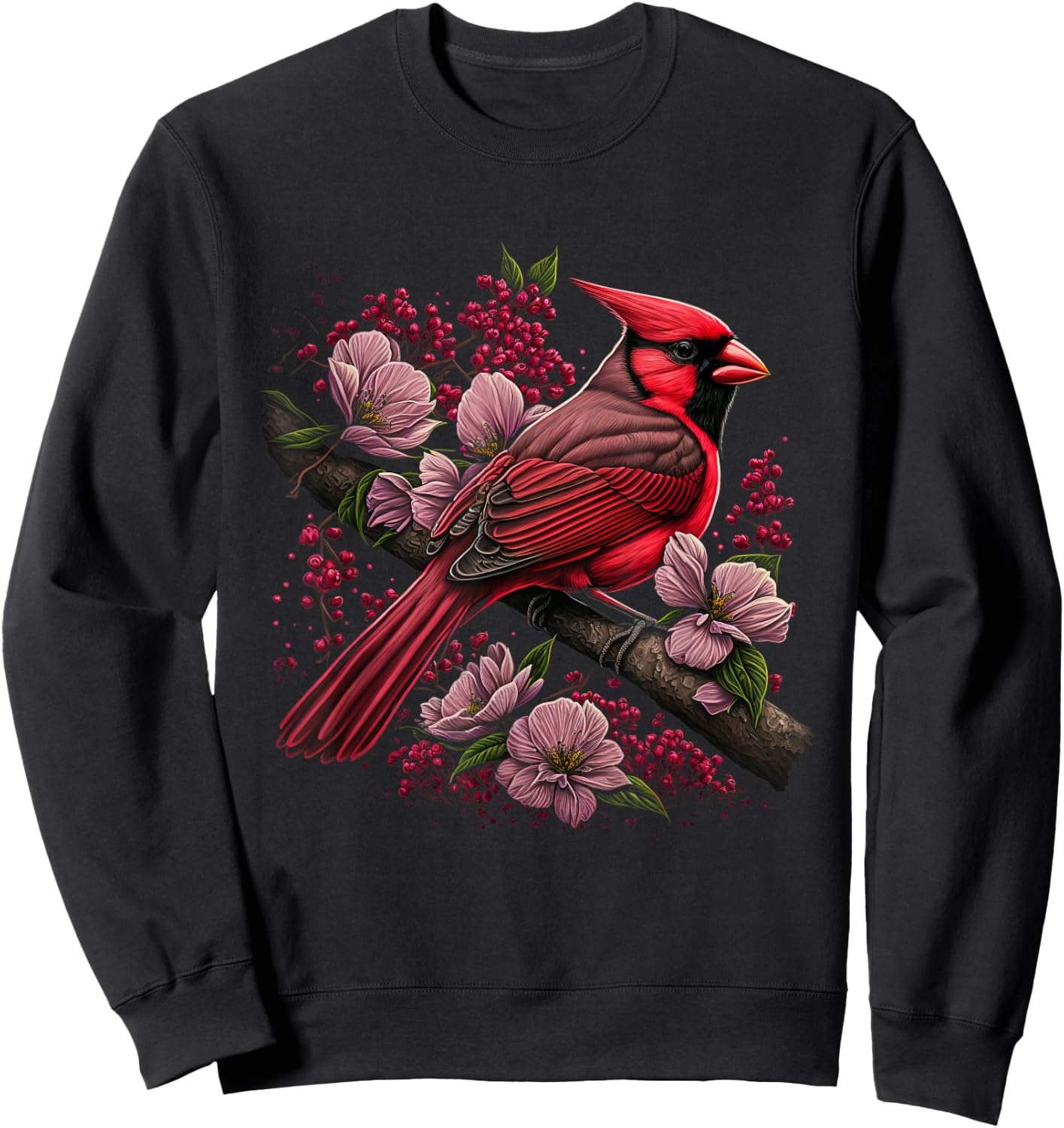 Red Cardinal Bird And Pink Flowering Dogwood Blossoms Sweatshirt - Sweatshirt | Black