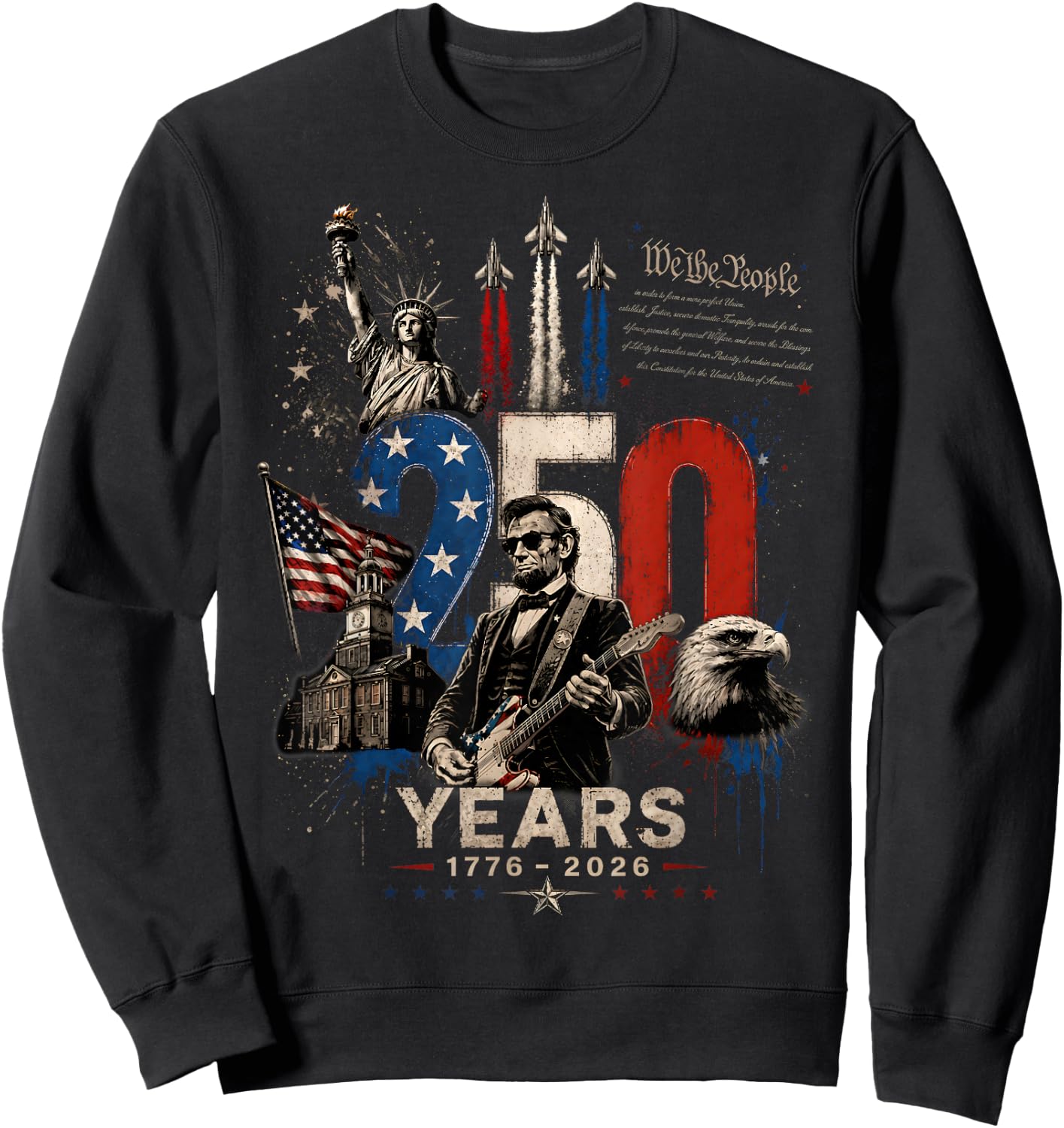 Vintage Abraham Lincoln Abe Lincoln Playing Guitar 250 Years Sweatshirt - Sweatshirt | Black