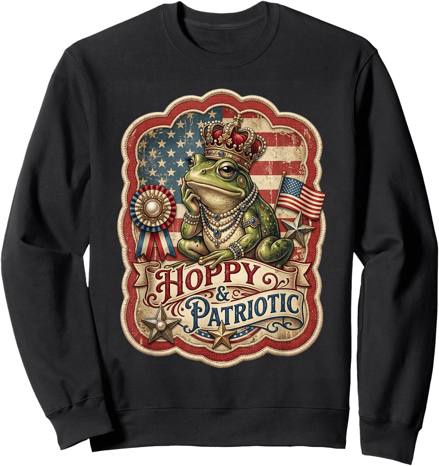 Vintage 4th of July Hoppy and Patriotic Frog Graphic Women Sweatshirt - Sweatshirt | Black
