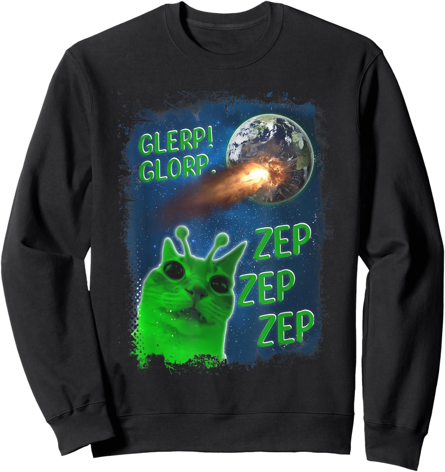 Funny Alien Cat Meme Glerp Glorp Zep Zep Women Men Kid Sweatshirt - Sweatshirt | Black