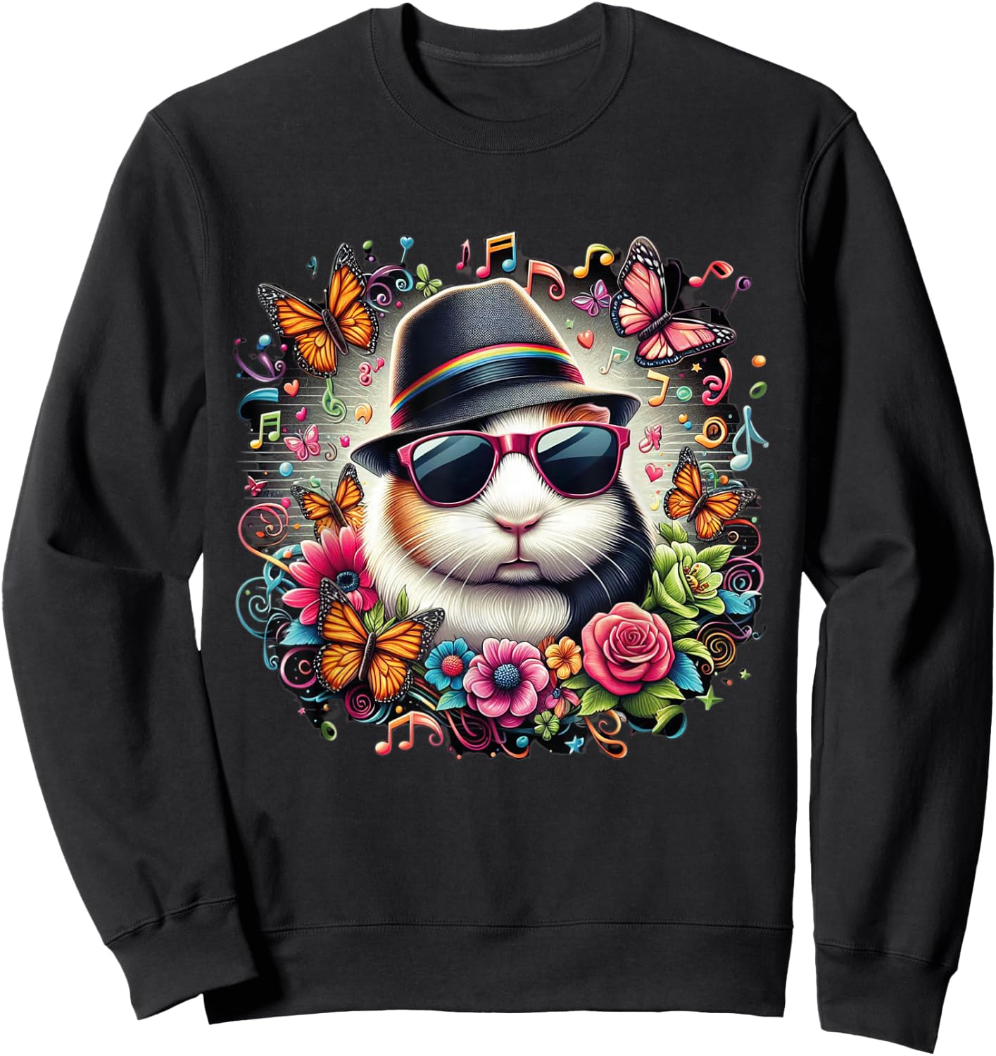 guinea pig wearing sunglasses and a hat colorful Butterflies Sweatshirt - Sweatshirt | Black