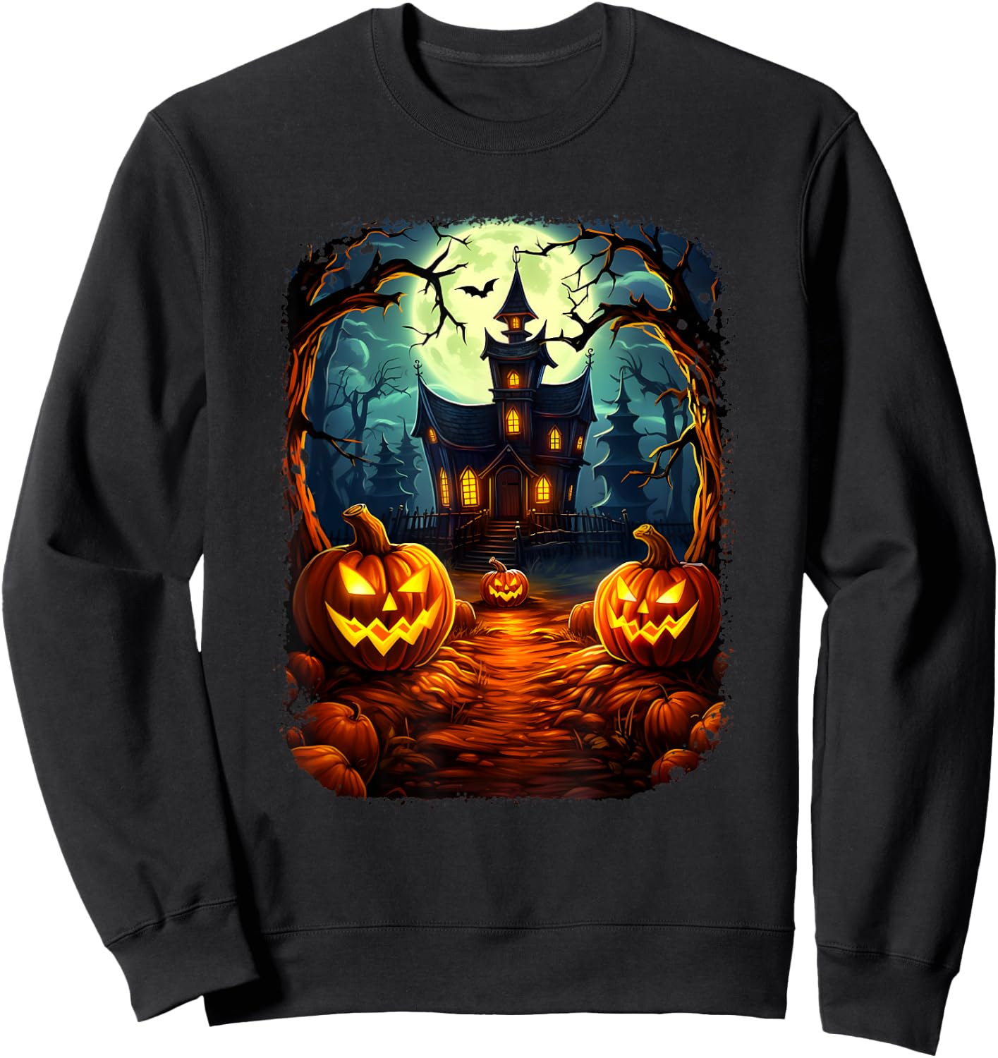 Halloween Haunted House Pumpkin Ghosts Spooky Season Sweatshirt - Sweatshirt | Black