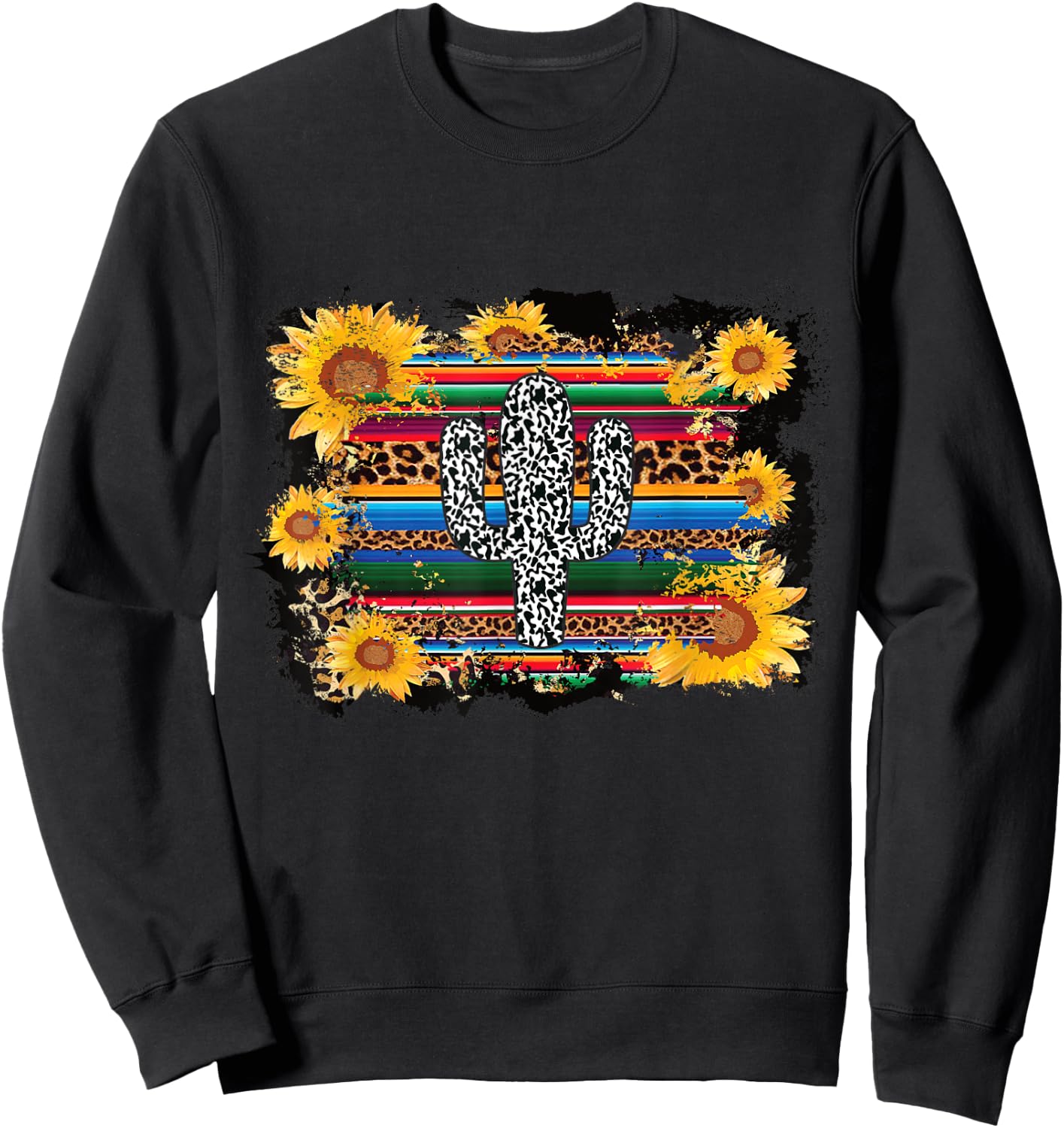 Serape Cactus Print Turquoise Cow Print Saguaro Sunflower Sweatshirt - Sweatshirt | Black