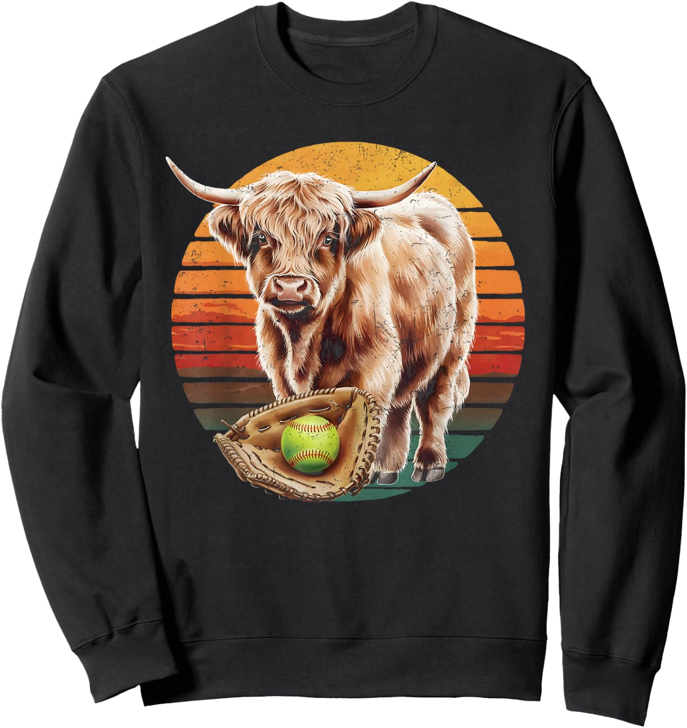 Highland Cow Softball Player Team Vintage Sweatshirt - Sweatshirt | Black