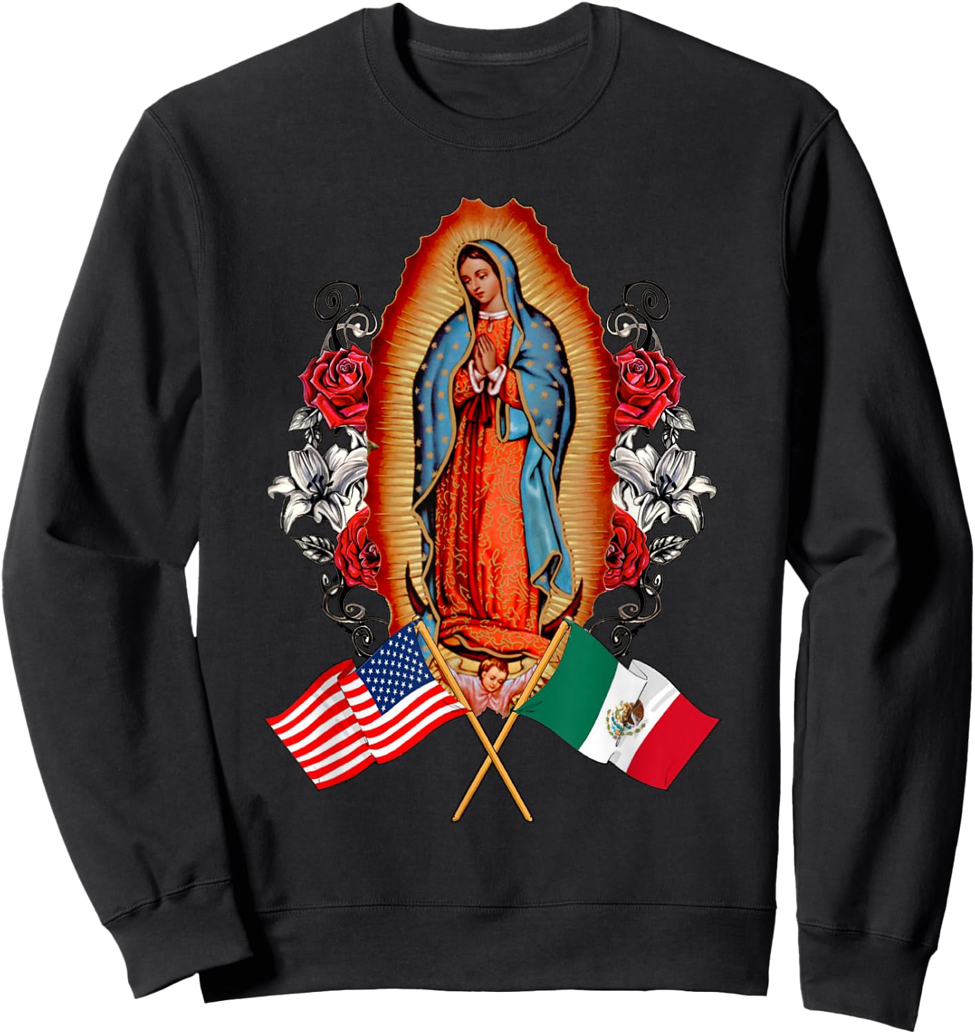 Our Lady Virgen De Guadalupe Mexican American Flag Sweatshirt - Sweatshirt | Black