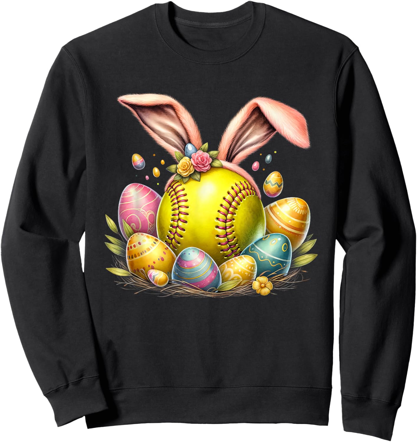Softball Egg Bunny Ears Easter Day Sweatshirt - Sweatshirt | Black