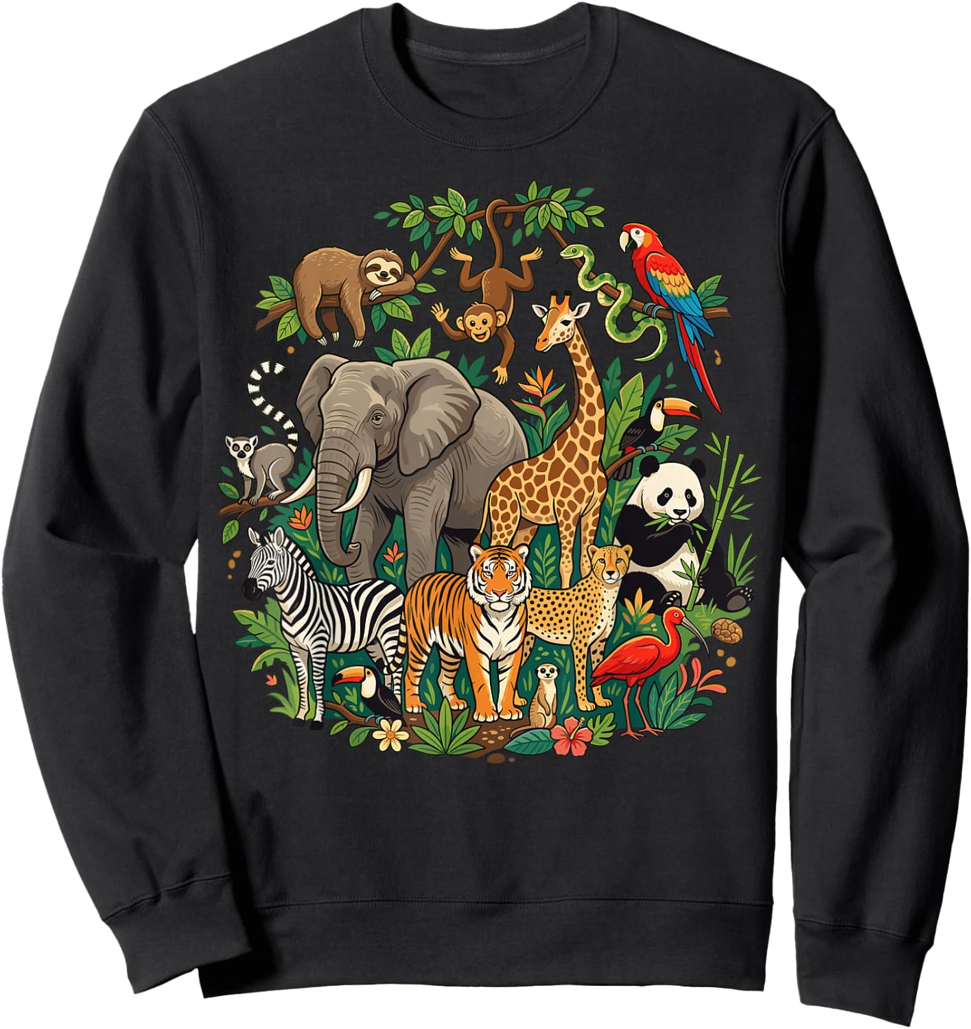 Jungle Safari Animals Cartoon Illustration Sweatshirt - Sweatshirt | Black