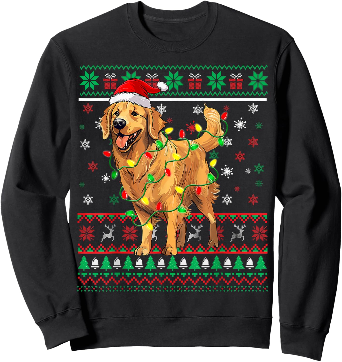 Golden Retriever Christmas Santa Hat Tree Lights Pajama Sweatshirt - Sweatshirt | Black