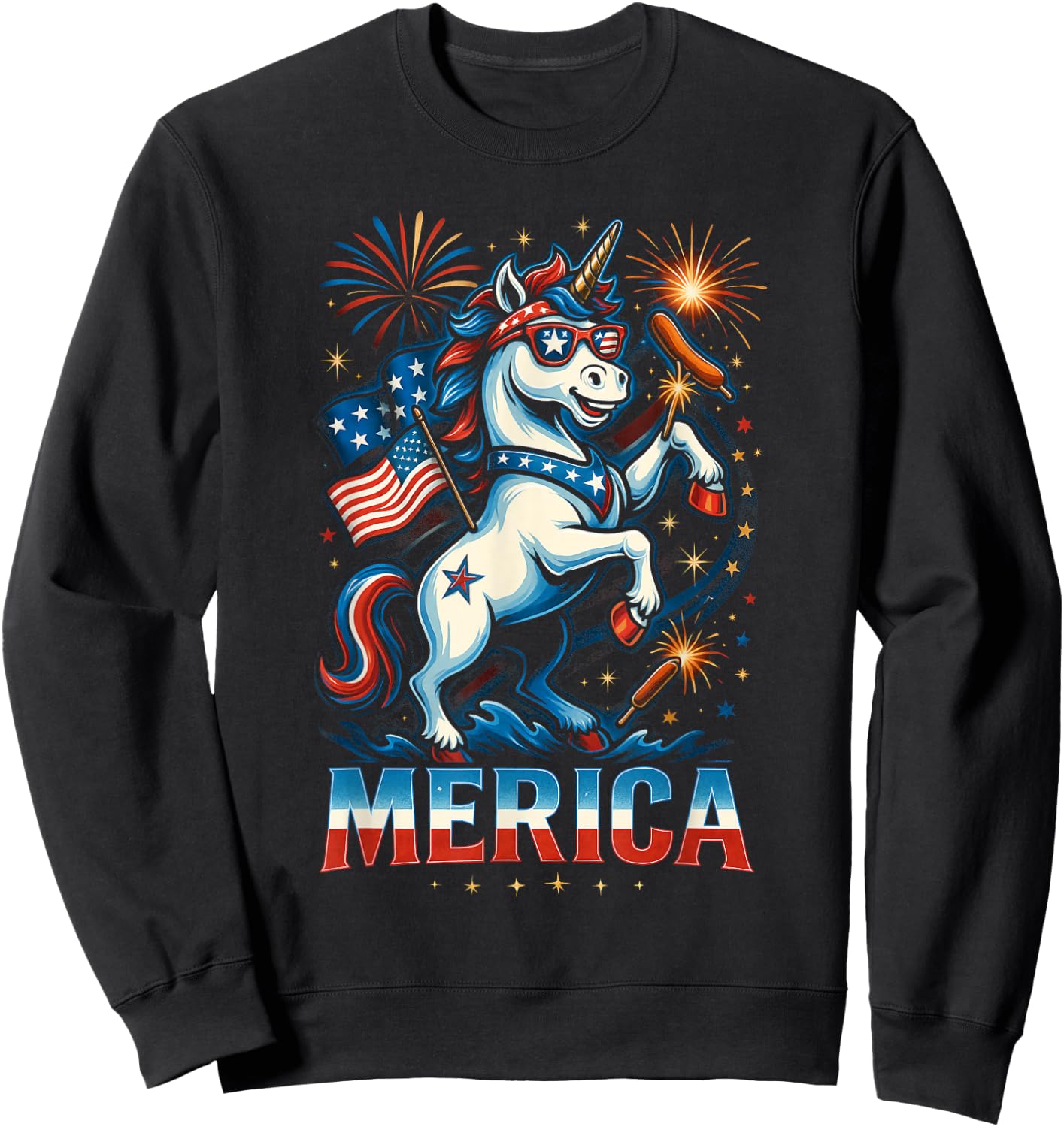 Funny Patriotic Unicorn 'Merica USA July 4th American Pride Sweatshirt - Sweatshirt | Black