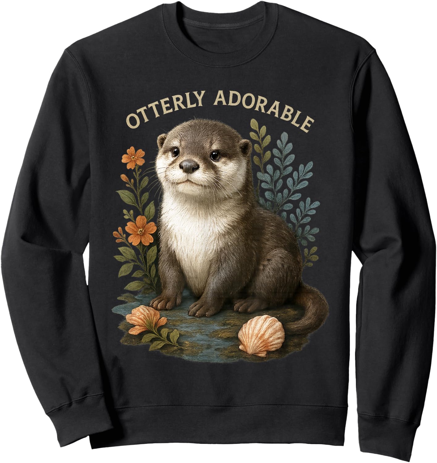 Otterly Adorable Cute Otter with Flowers and Seashells Sweatshirt - Sweatshirt | Black