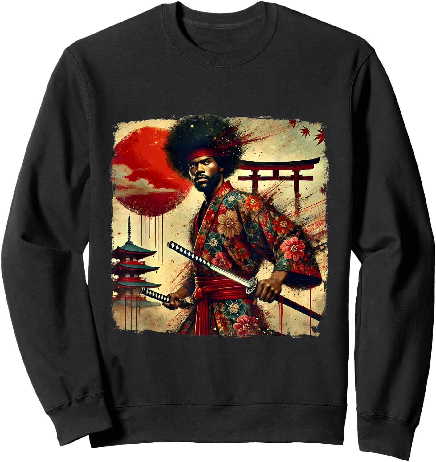 Vintage African Bushido Warrior Katana Afro American Samurai Sweatshirt - Sweatshirt | Black