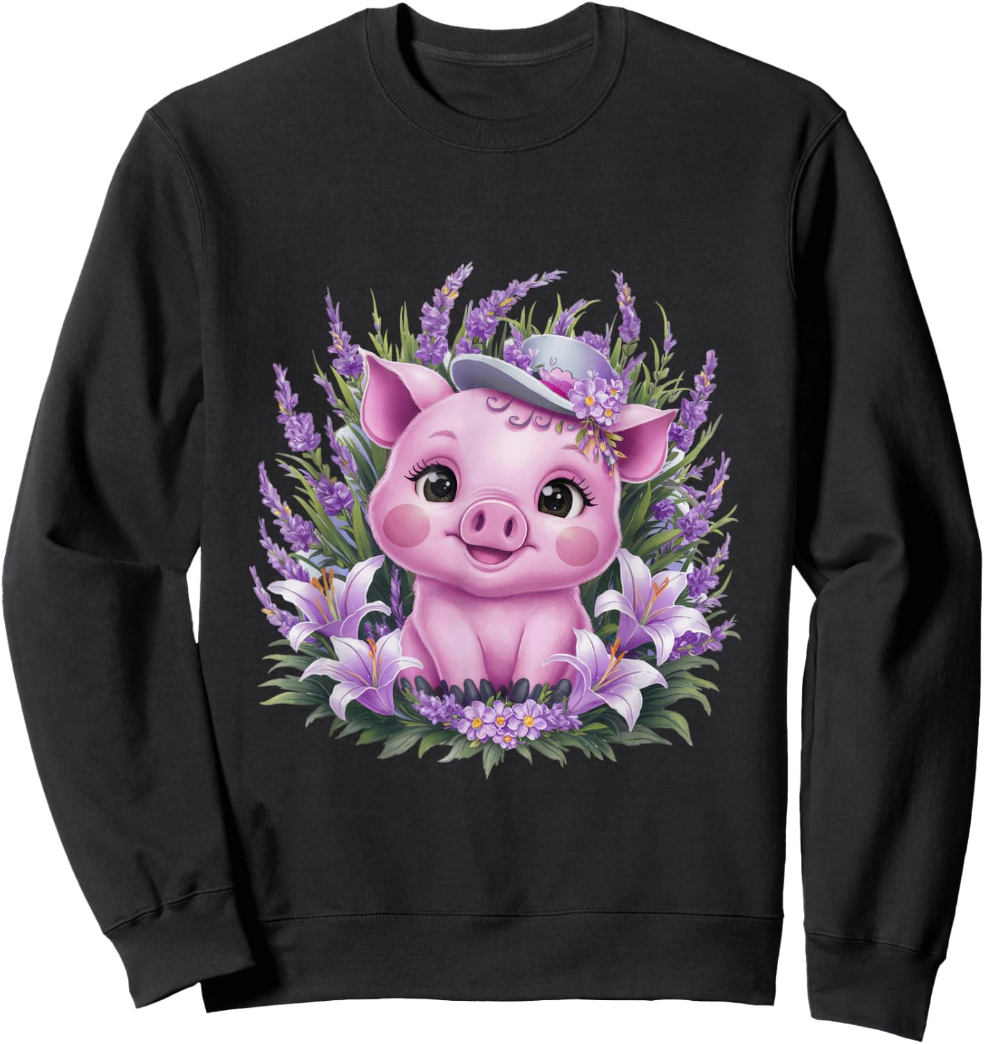 Pig in kawaii cartoon style with lavender and lilies Sweatshirt - Sweatshirt | Black