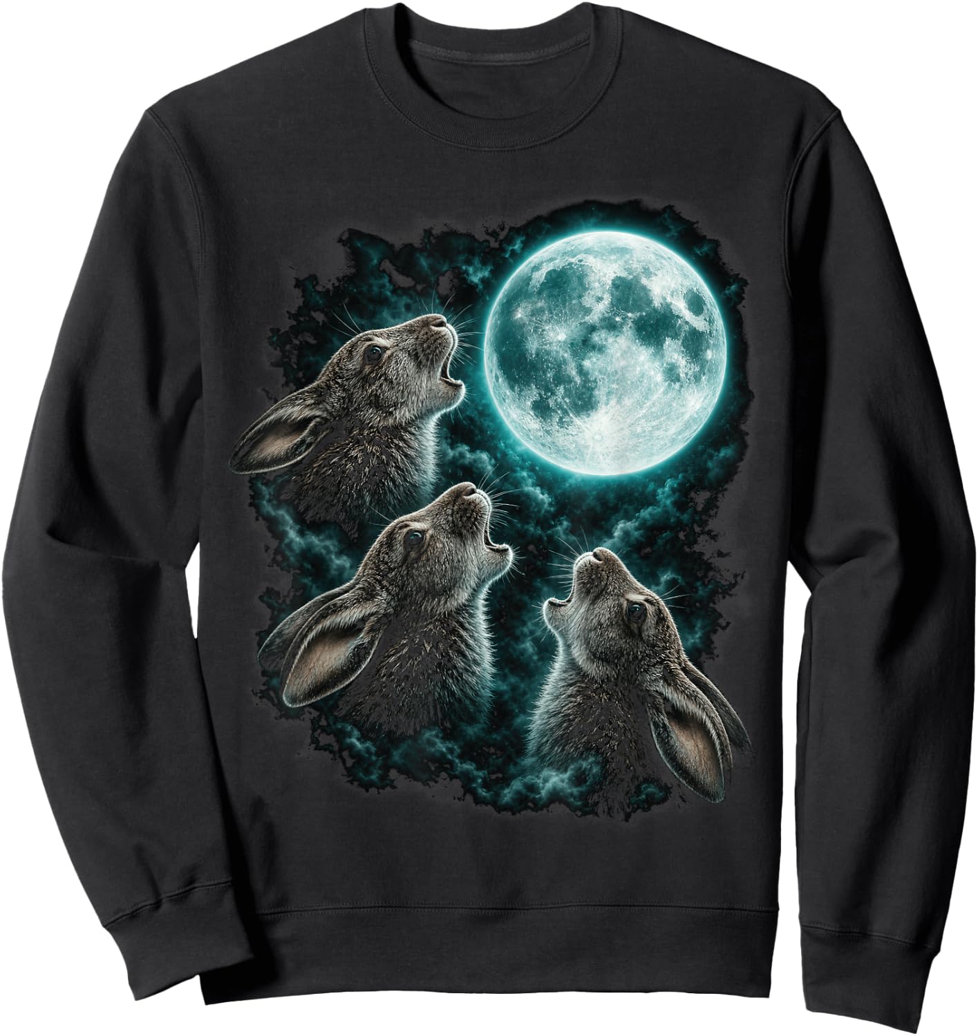 Three Howling Rabbits Under Full Moon Fantasy Sweatshirt - Sweatshirt | Black