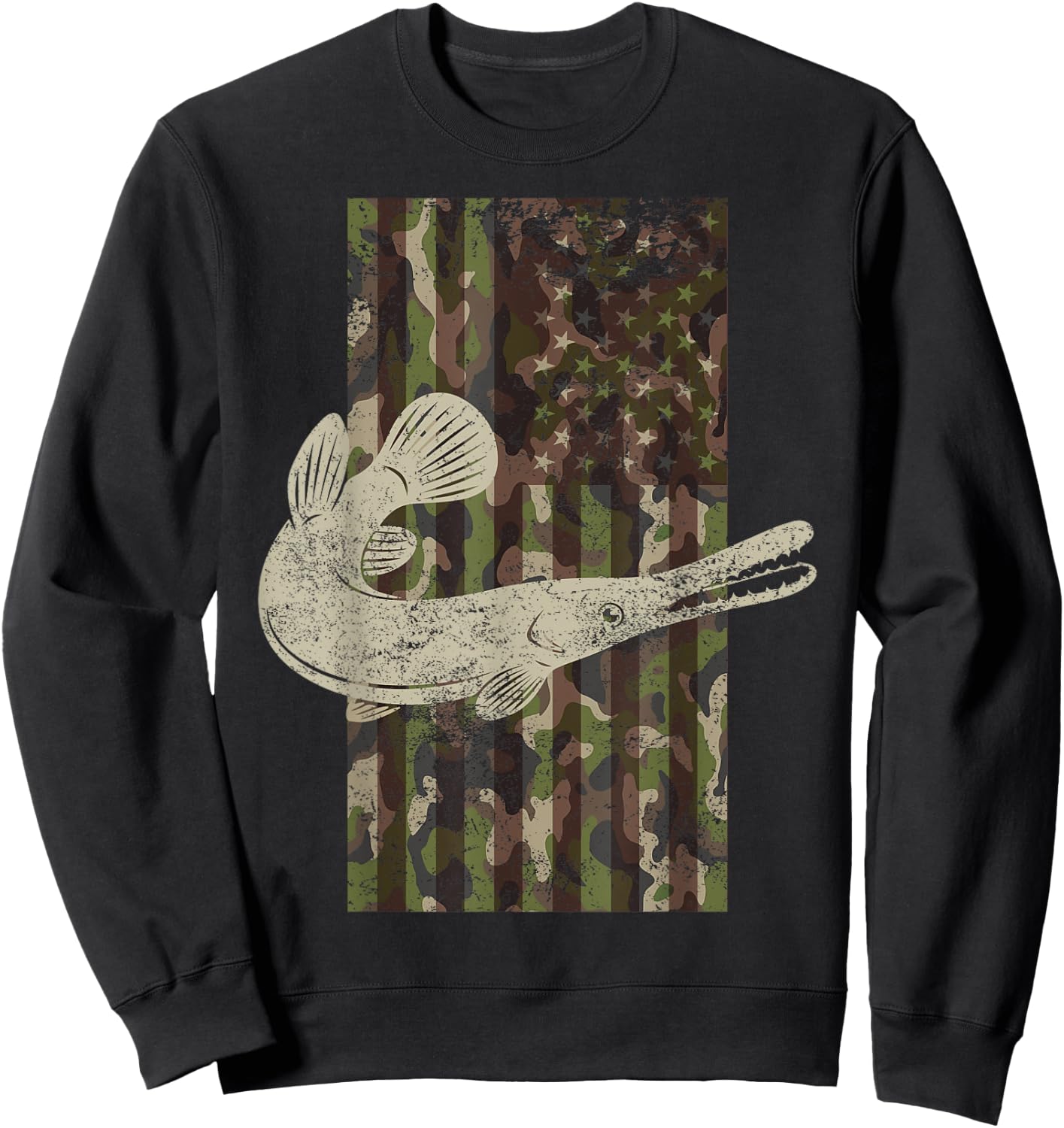 Camo US Flag American Alligator Gar Fishing Sweatshirt - Sweatshirt | Black