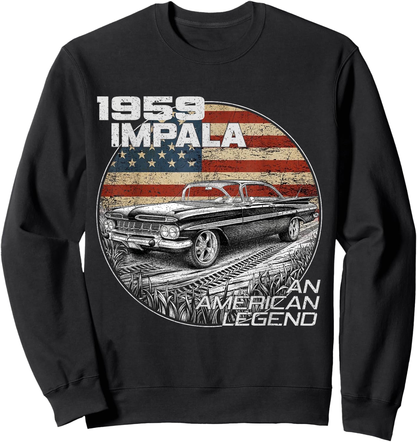 1959 59 Impala Old School Muscle Car American Flag Sweatshirt - Sweatshirt | Black