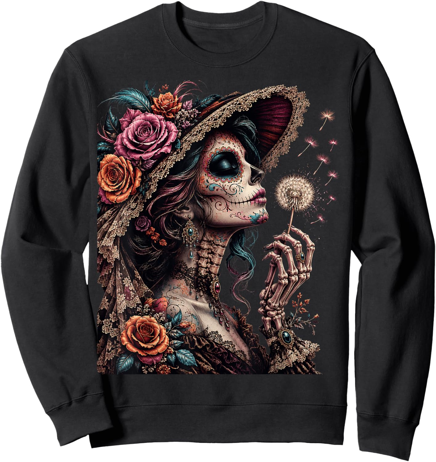 Vintage La Catrina Blowing Wishes Gothic Dandelion Floral Sweatshirt - Sweatshirt | Black