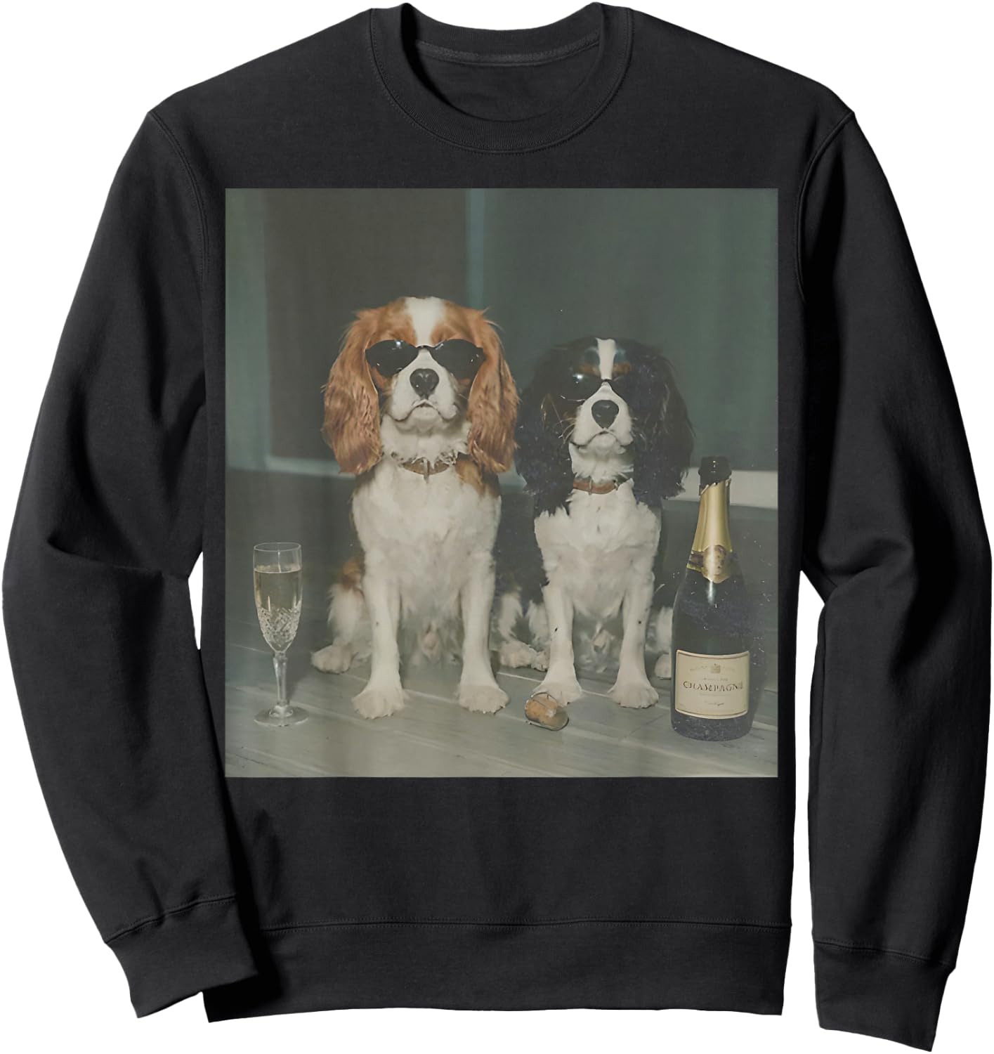 Cavalier King Charles Drinking Champagne Funny Dog Meme Sweatshirt - Sweatshirt | Black