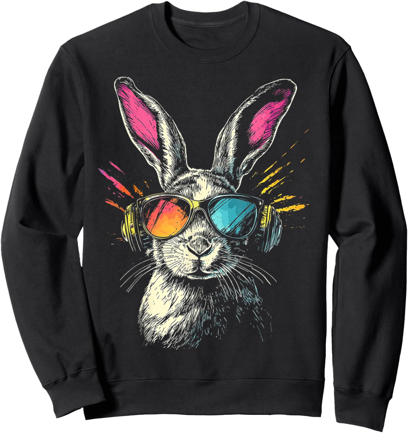 Rabbit Animal Motif Music Headphones Sunglasses Rabbit , black Sweatshirt - Sweatshirt | Black