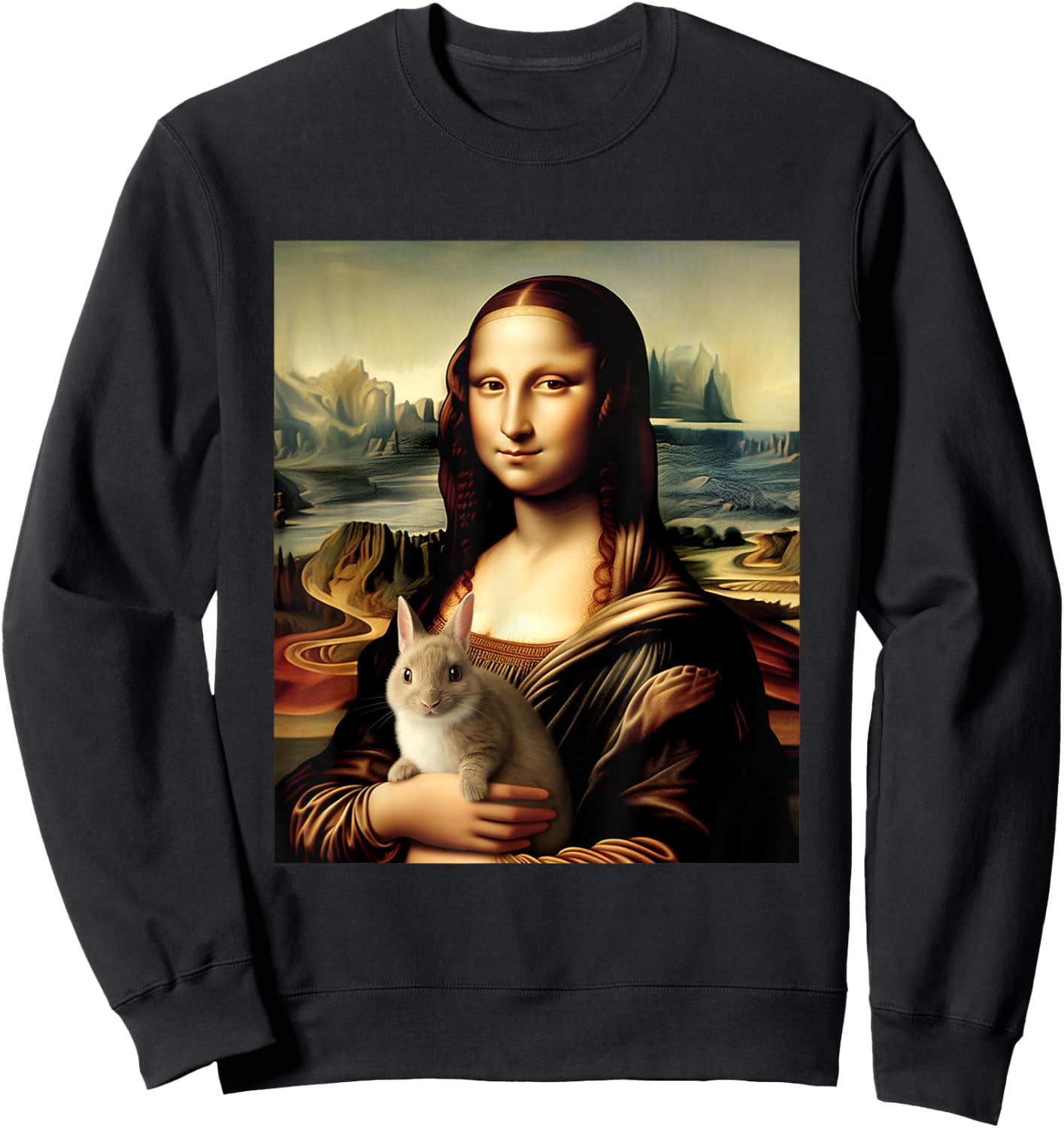 Mona Lisa With Bunny Funny Leonardo Da Vinci Art Painting Sweatshirt - Sweatshirt | Black
