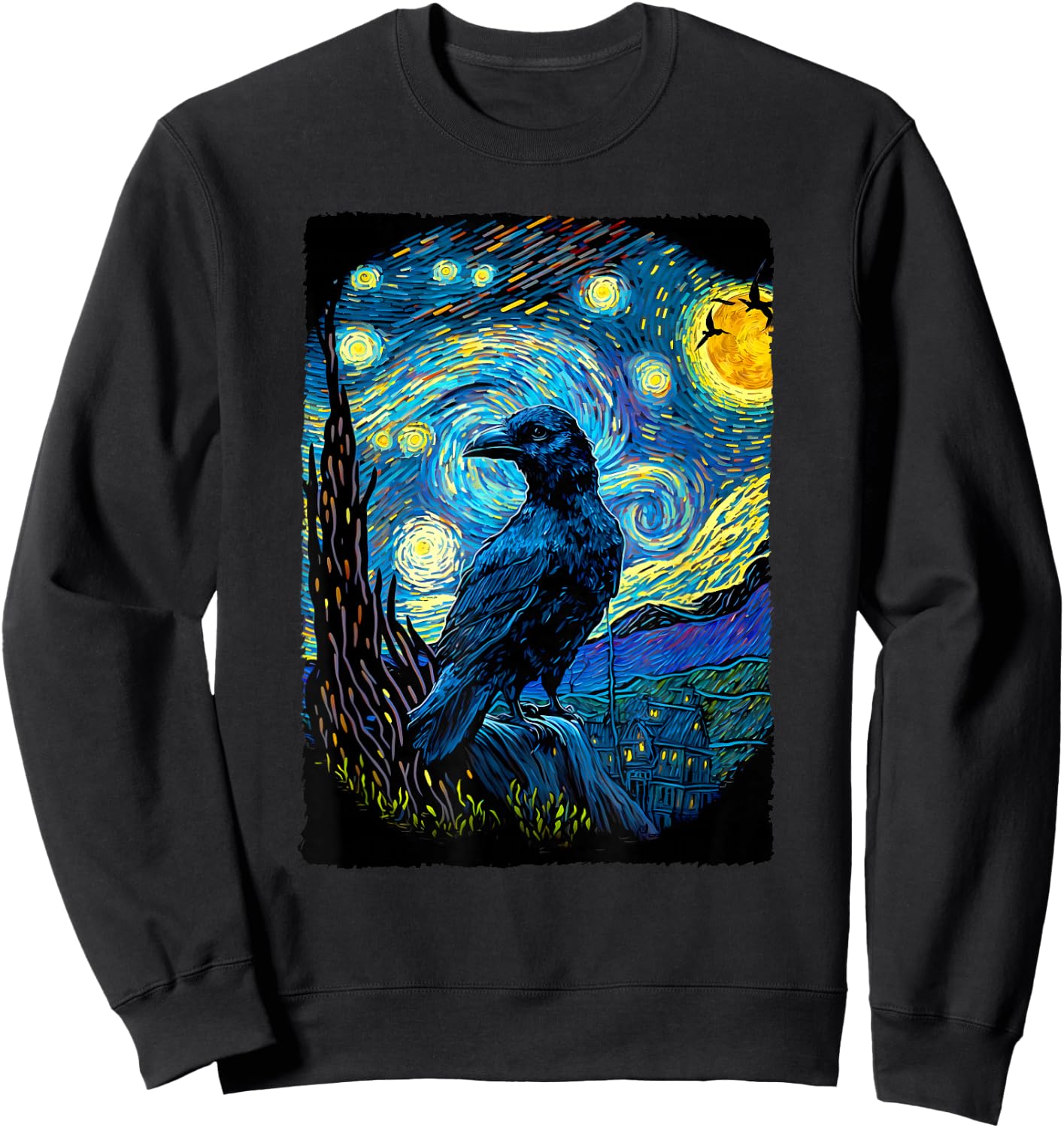 Raven Starry Night Style Painting, Van Gogh Crow Lover Sweatshirt - Sweatshirt | Black