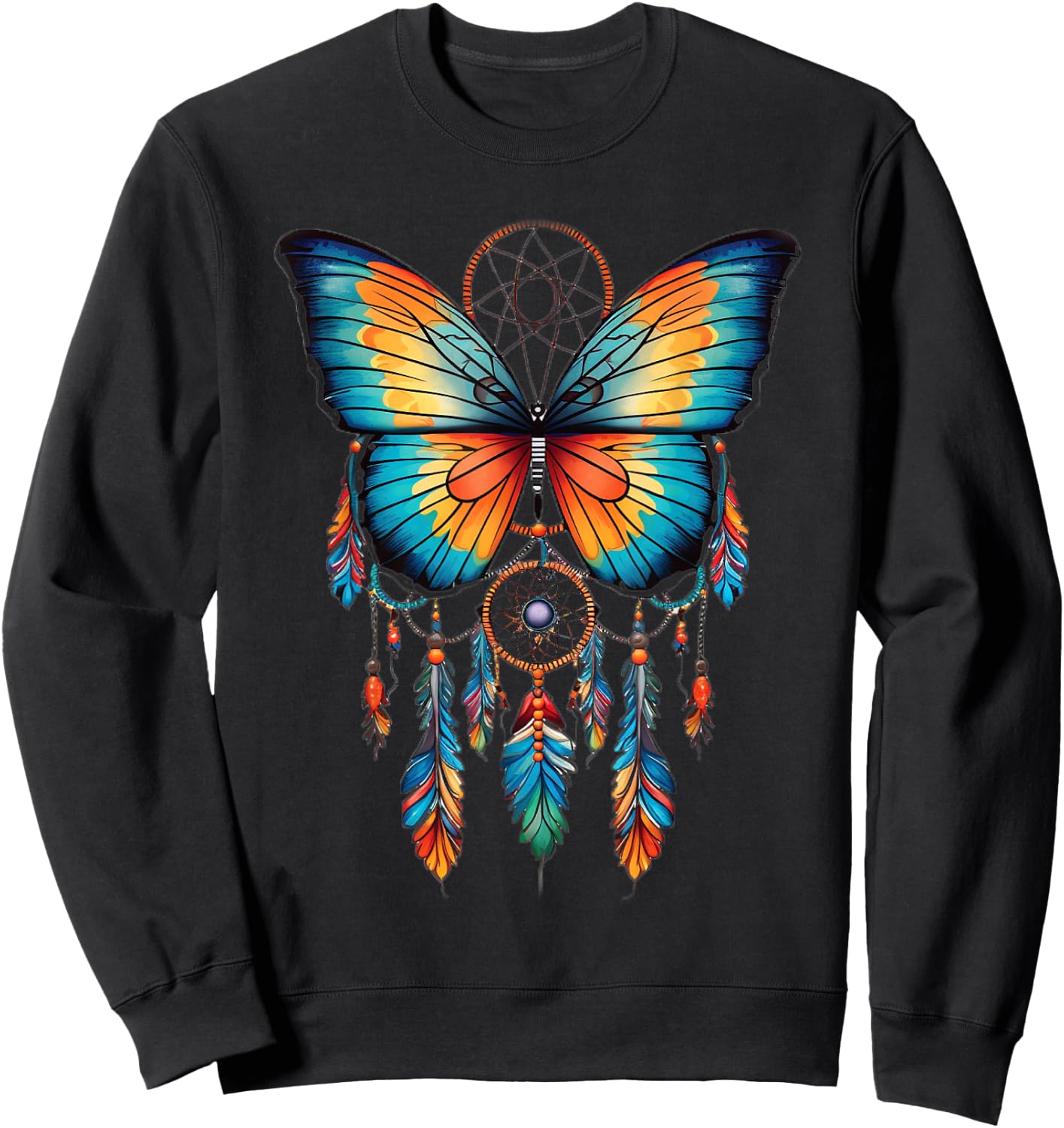 Feather And Butterfly Dream Catcher Designed Sweatshirt - Sweatshirt | Black