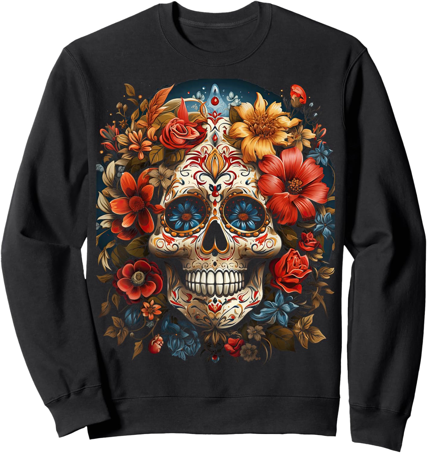 Day of The Dead Skull Schädel mit Blumen mexikanisches Sweatshirt - Sweatshirt | Black