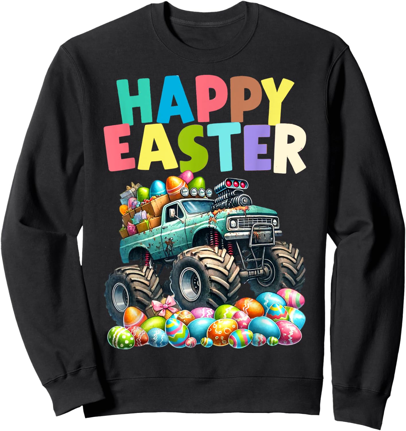 Boys Happy Easter Monster Truck Easter Eggs Hunt Toddler Kid Sweatshirt - Sweatshirt | Black
