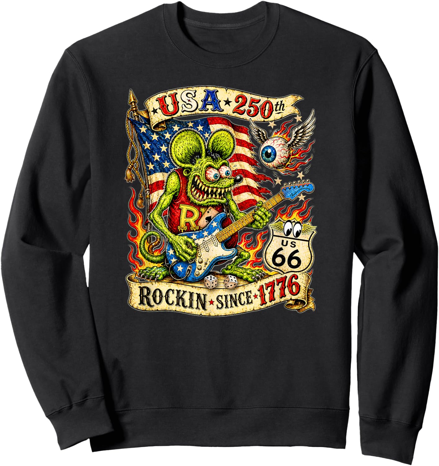 USA 250th Rat Fink US Highway 66 Guitar Flag Dice Ace Retro Sweatshirt - Sweatshirt | Black