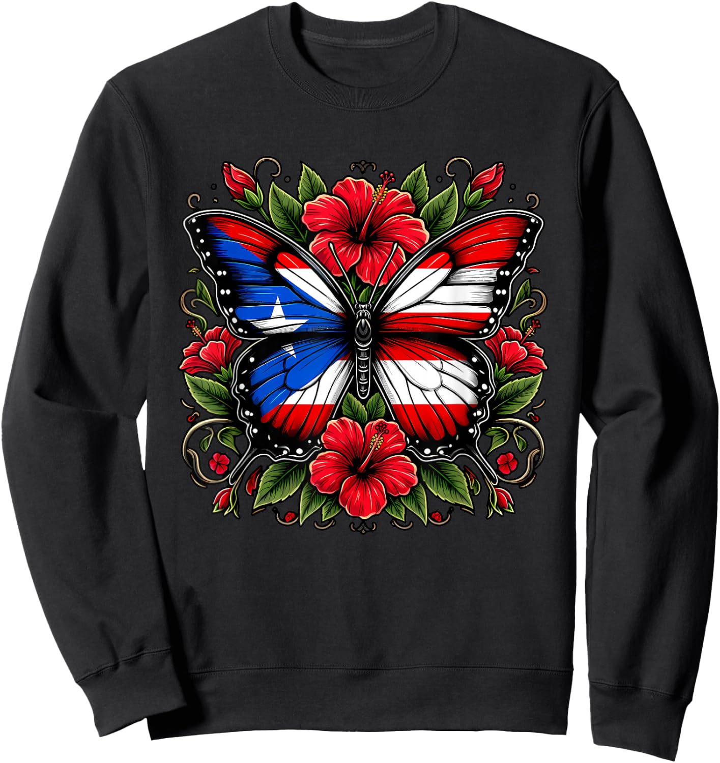 Puerto Rican Day | Puerto Rico Butterfly Flag Women and Girl Sweatshirt - Sweatshirt | Black