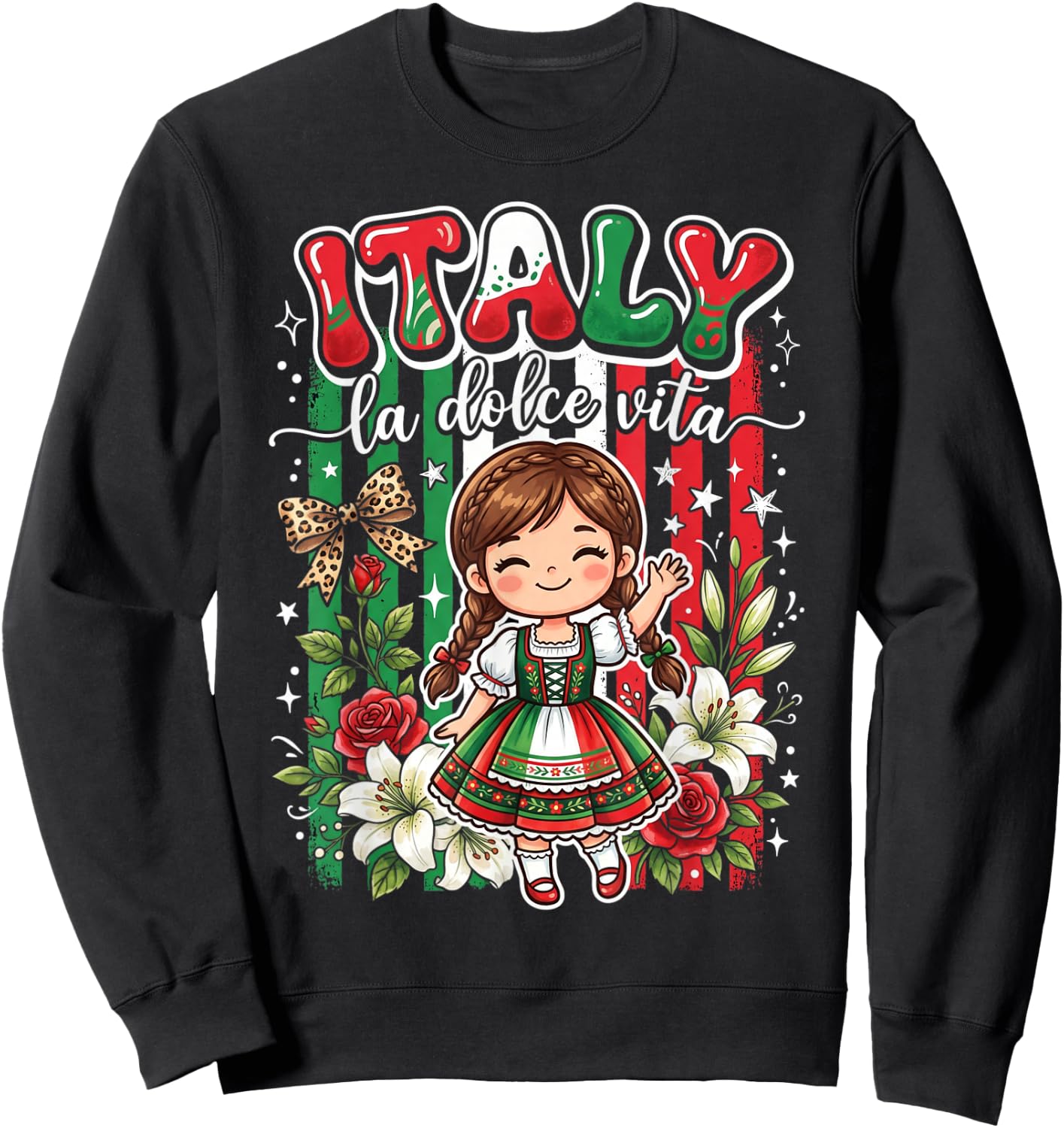 Cute Italy Girl Traditional Dress with Flowers for Kids Girl Sweatshirt - Sweatshirt | Black