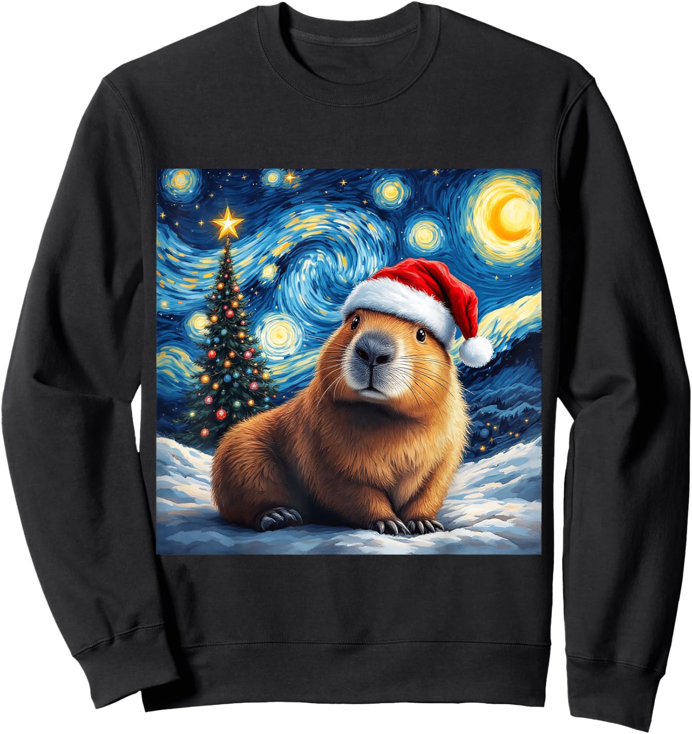 Christmas Capybara Santa Hat Van Gogh Starry Night Holiday Sweatshirt - Sweatshirt | Black