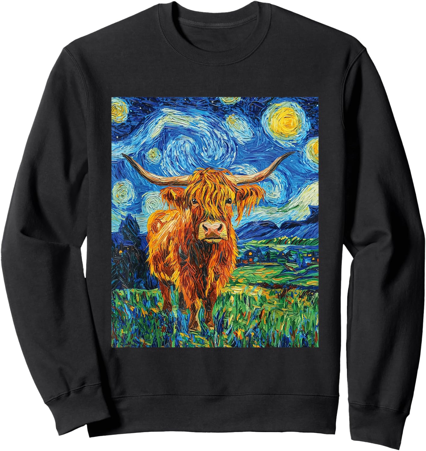 Funny Highland Cow Graphic Van Gogh Style Starry Night Sweatshirt - Sweatshirt | Black