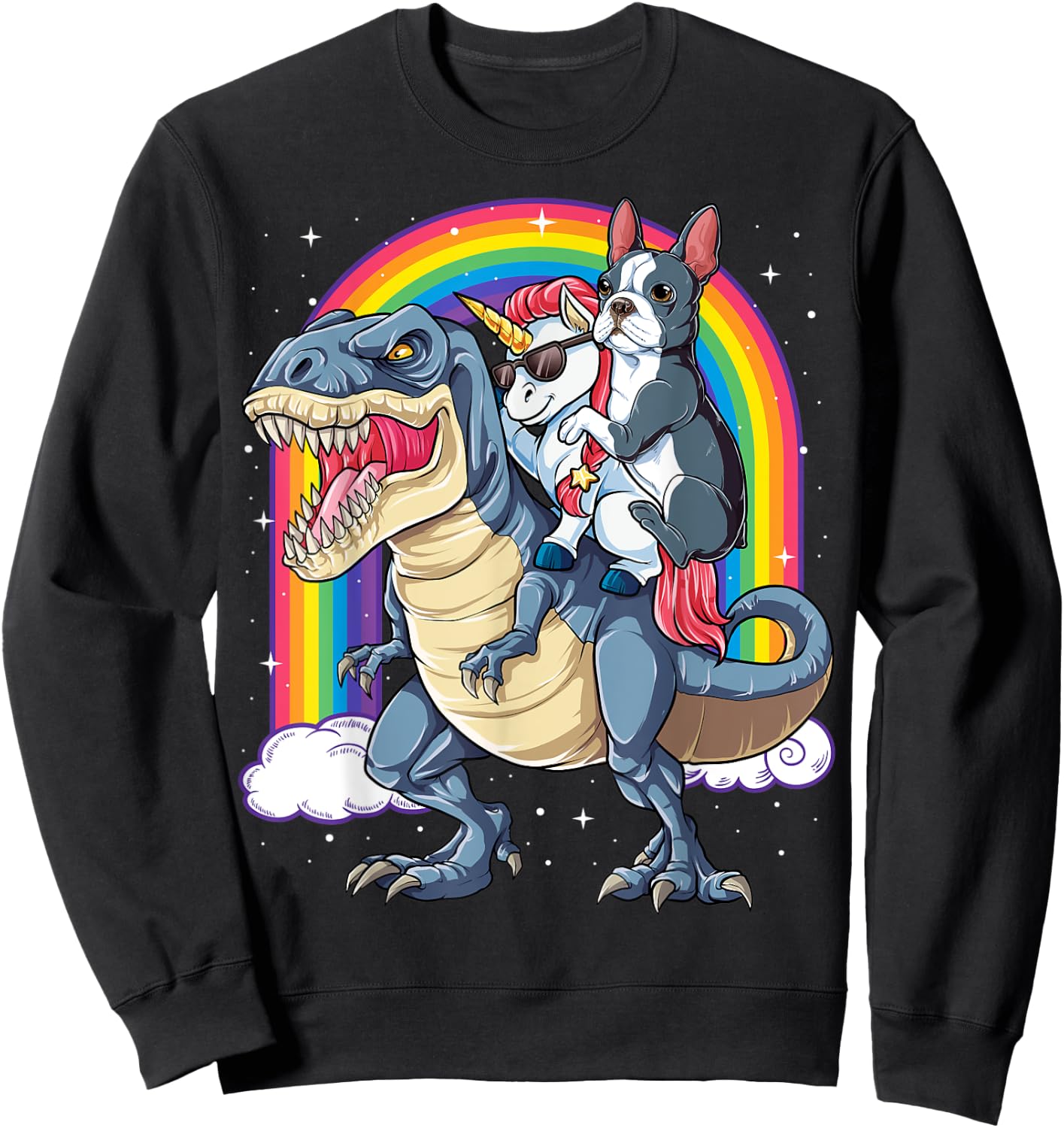 Boston Terrier Unicorn Riding Dinosaur T-rex Gift Boys Girls Sweatshirt - Sweatshirt | Black