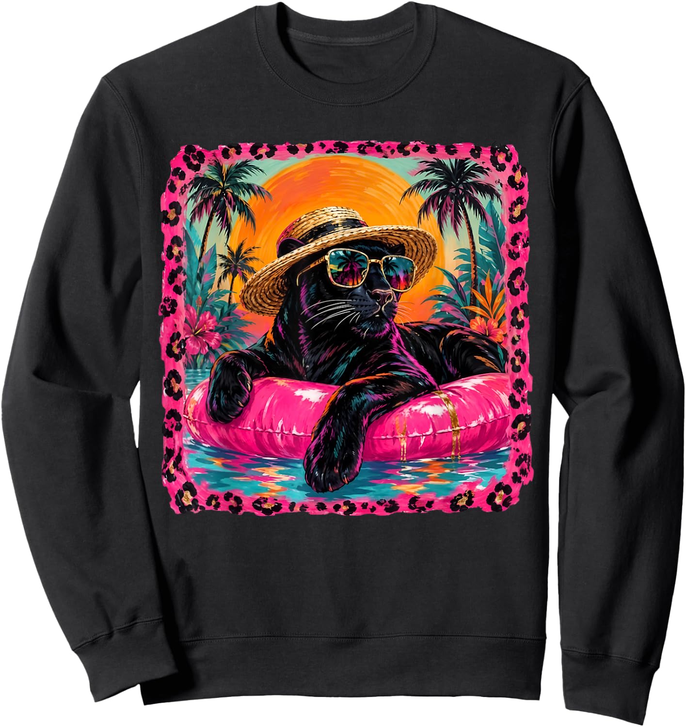 Leopard Summer Panther with Glasses Summer Vacation Sweatshirt - Sweatshirt | Black